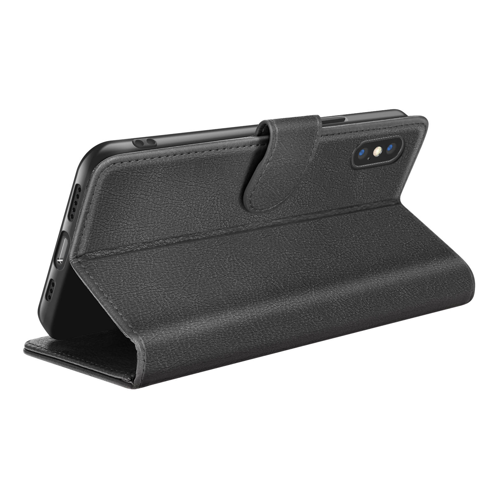 Uno smartphone nero in una custodia in pelle è esposto su sfondo bianco. La custodia è aperta, rivelando lo schermo del telefono.