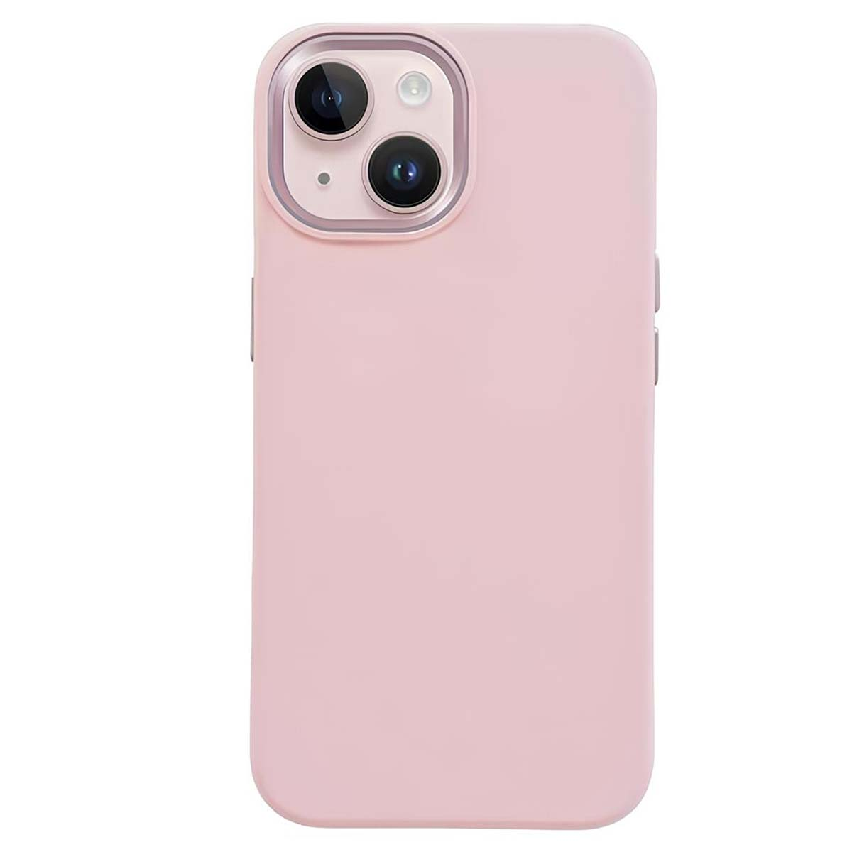 Una custodia per telefono rosa chiaro. Ha un ritaglio per la fotocamera con due lenti e un flash. I bordi sono arrotondati.