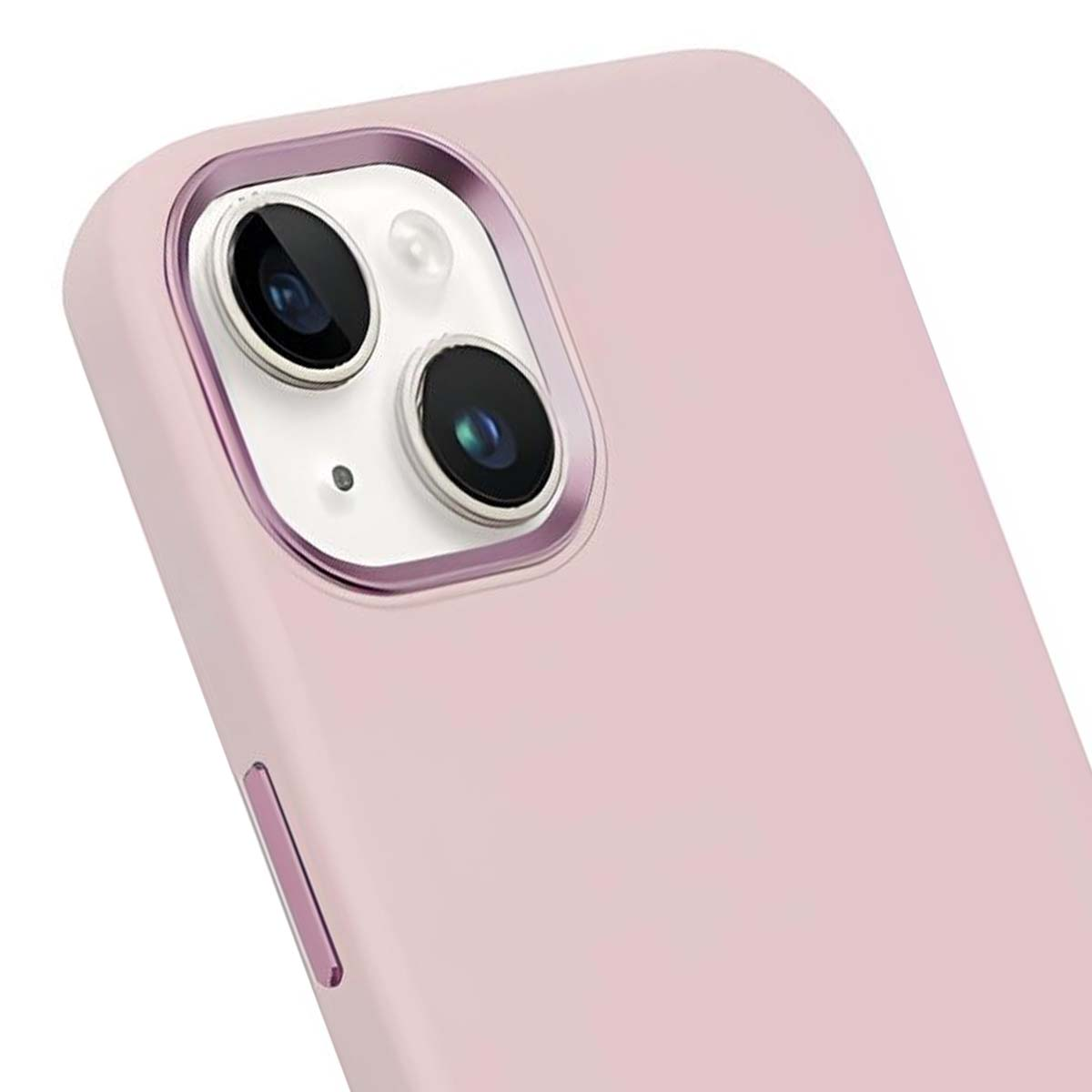 Primo piano di una custodia rosa per telefono con lenti della fotocamera visibili. La custodia è liscia e le lenti sono in un'apertura quadrata.