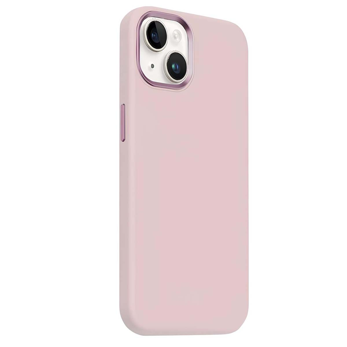 Una custodia rosa chiaro per iPhone. La custodia ha un ritaglio per la fotocamera con due lenti. I bordi della custodia sono arrotondati.