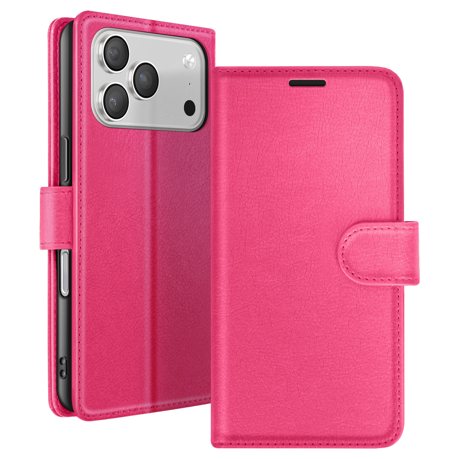 Roze telefoonhoes, open om de telefoon te laten zien. De hoes heeft een magnetische sluiting en een kaartsleuf.