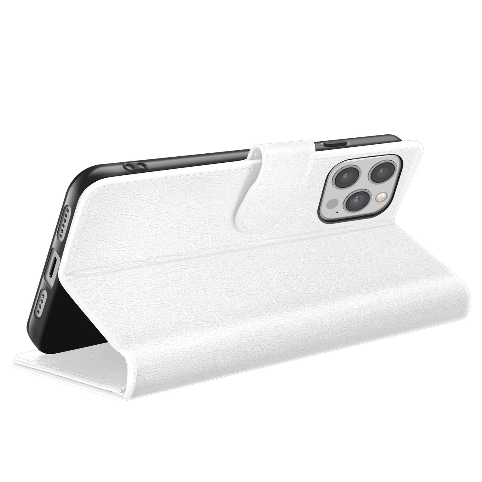 Custodia per iPhone in pelle bianca aperta, che mostra il telefono. La custodia è su una superficie bianca, con sfondo bianco.