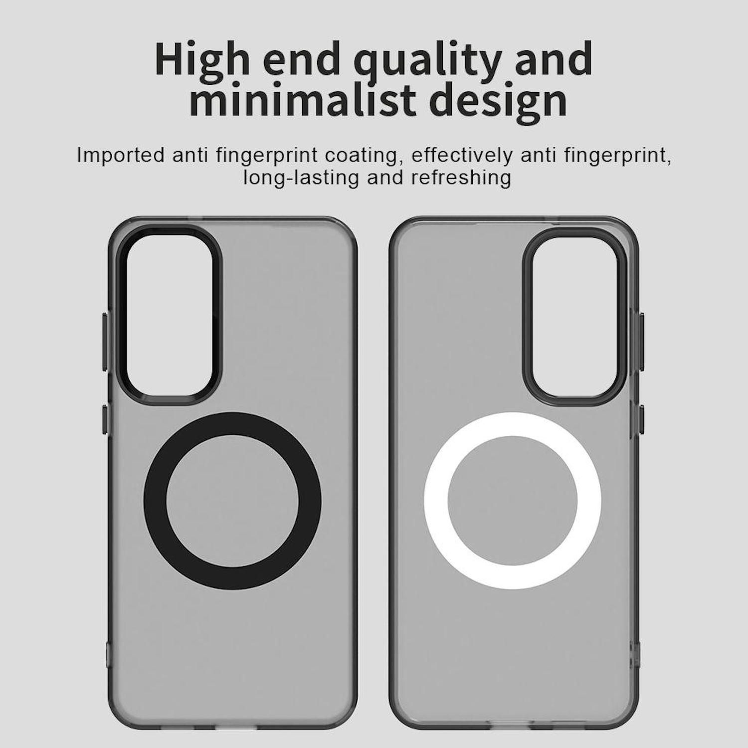 Zwei Handyhüllen. Die linke hat einen schwarzen Kreis, die rechte einen weißen Kreis. Oben steht 'High end quality and minimalist design'.