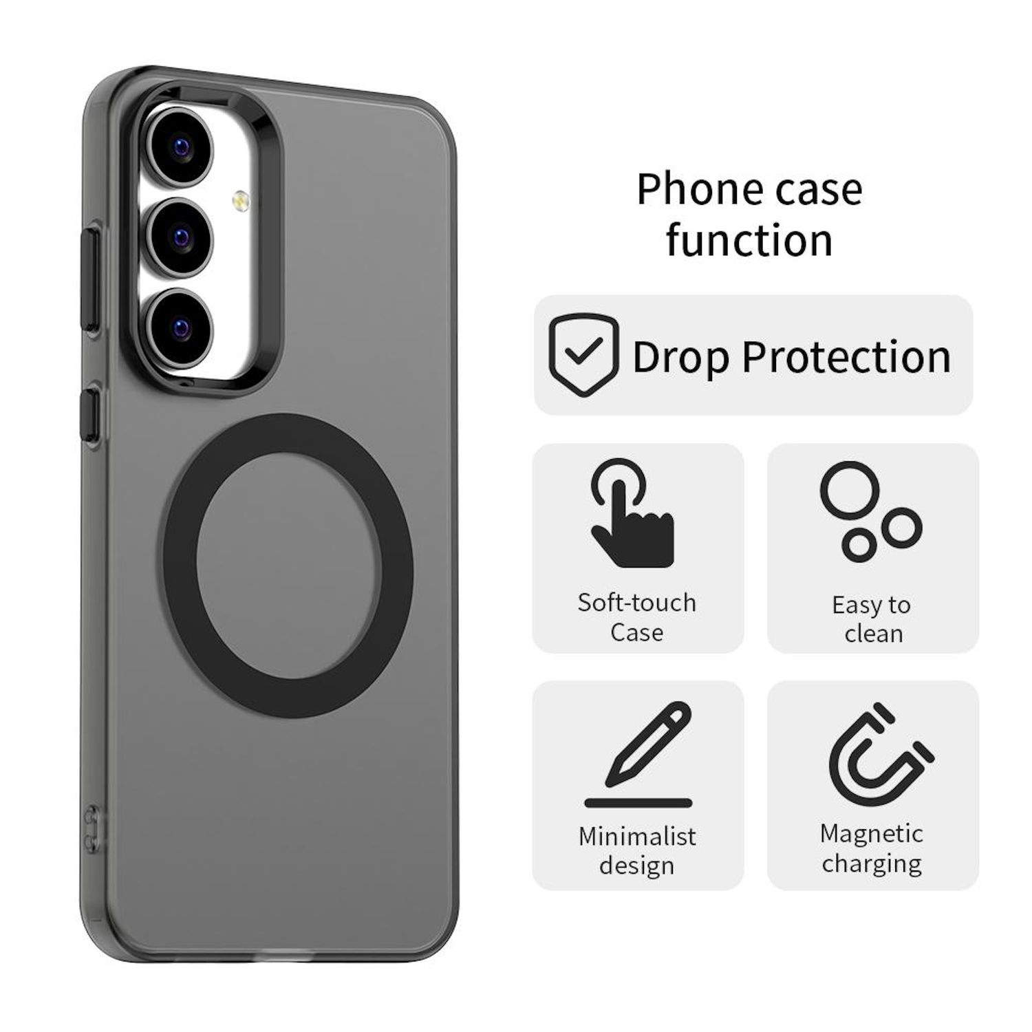 Eine Handyhülle mit Fallschutz, Soft-Touch, leicht zu reinigen, minimalistischem Design und magnetischen Ladefunktionen werden hervorgehoben.