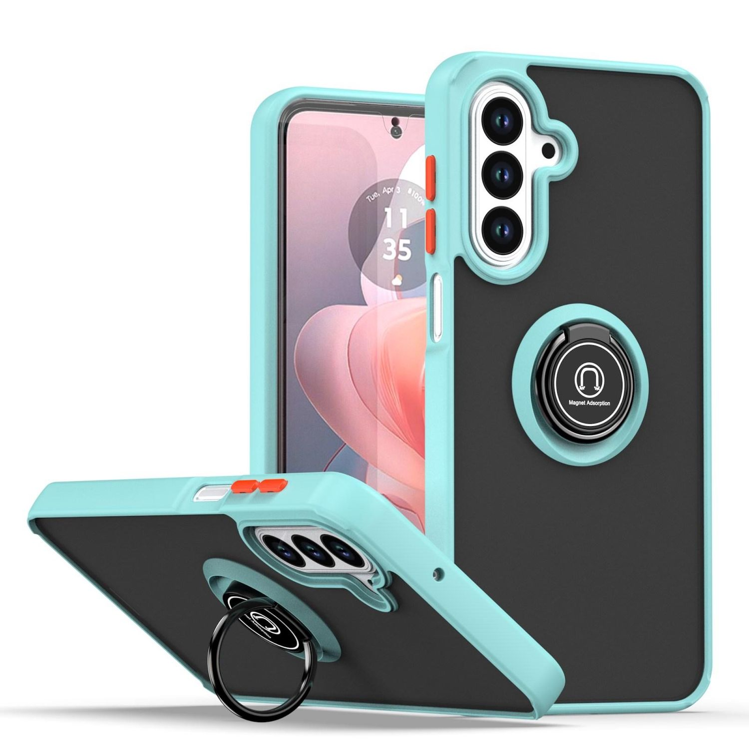 Handyhülle mit schwarz-türkisem Design. Sie hat einen Ring zum Halten. Ein Telefon mit Bildschirm befindet sich im Inneren.