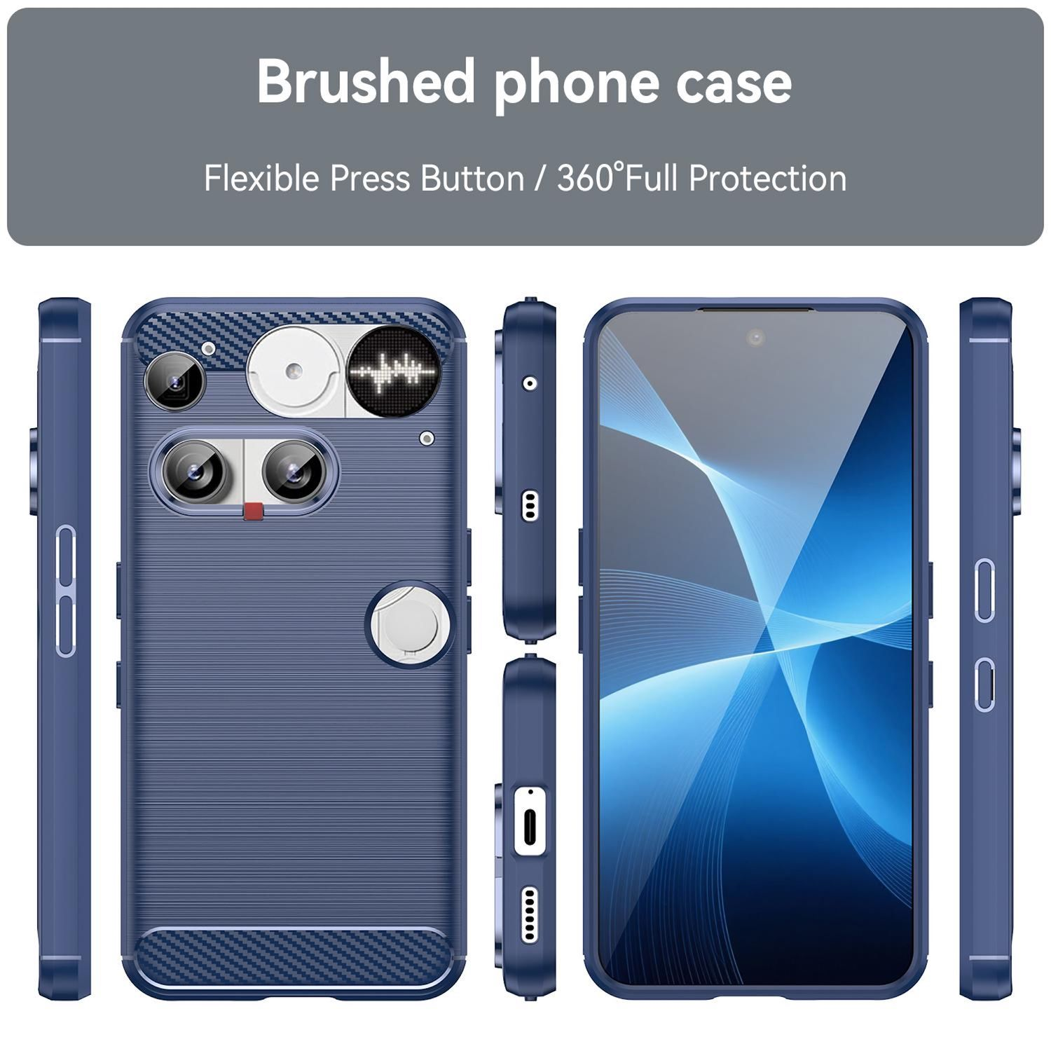 Una funda azul para teléfono con varias vistas. La funda tiene una textura cepillada, recortes para cámara y detalles de botones. Tiene un protector de pantalla.