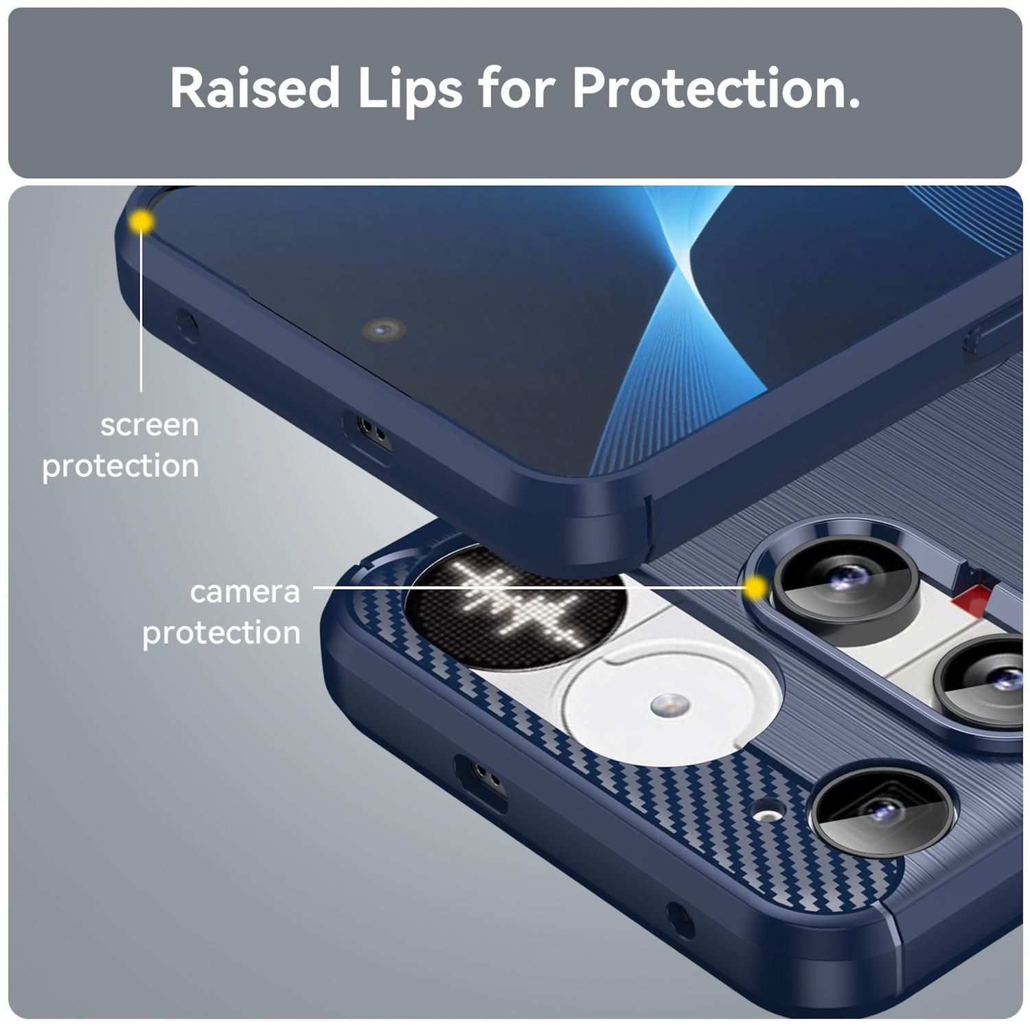 Primer plano de una funda azul para teléfono con protección de cámara y pantalla. Se destacan los bordes elevados para protección.