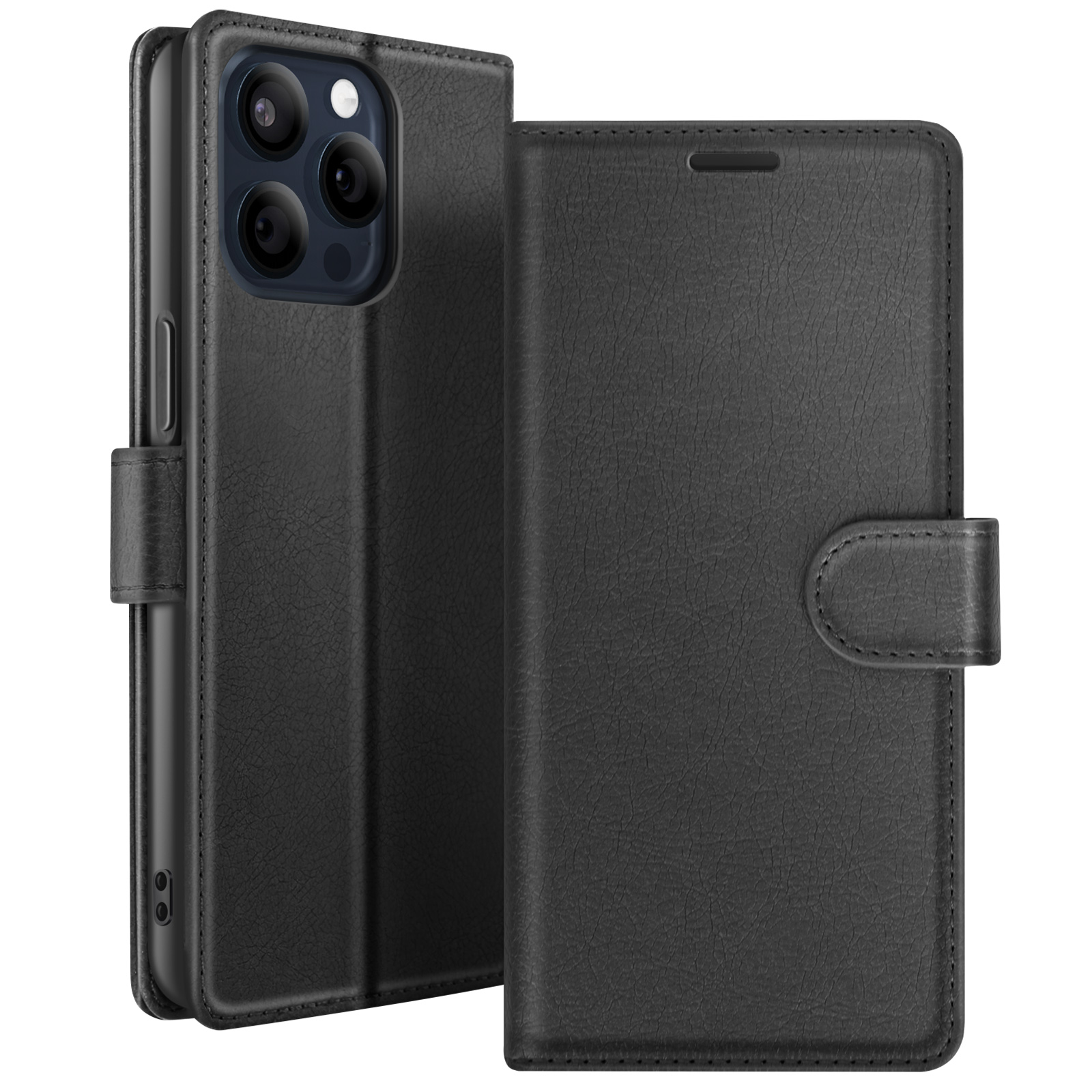 Custodia per telefono in pelle nera con chiusura magnetica. La custodia ha un supporto per telefono integrato con fotocamere visibili.