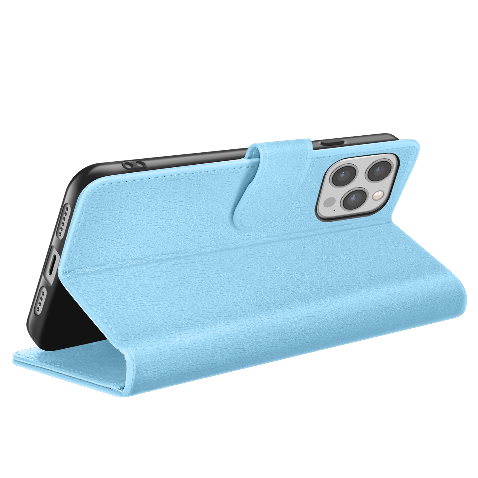 Un étui de téléphone bleu clair avec un téléphone noir à l'intérieur. L'étui est ouvert, révélant les caméras du téléphone. Fond blanc.