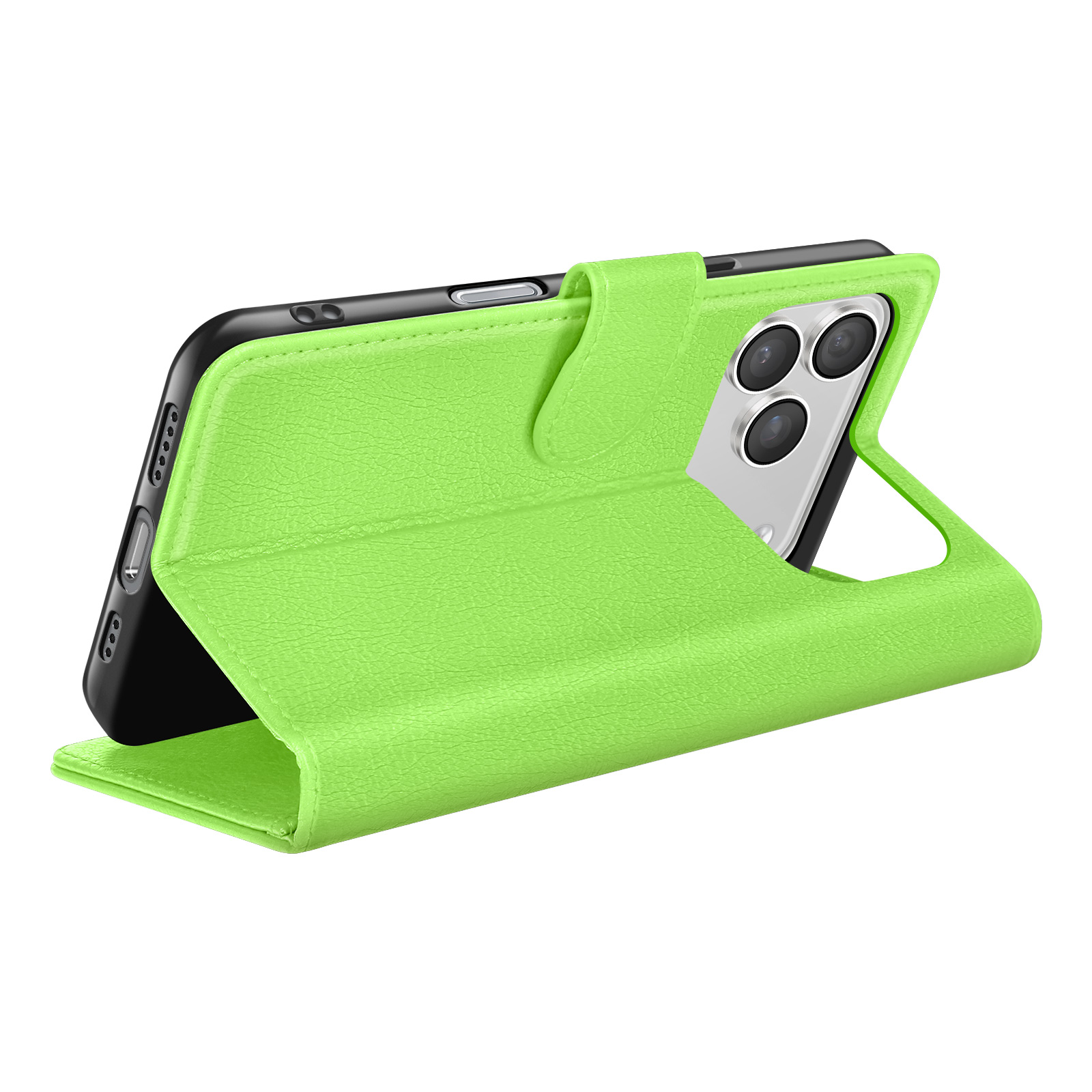 Un étui de téléphone vert citron est ouvert, révélant un téléphone noir avec trois caméras. L'étui est texturé.