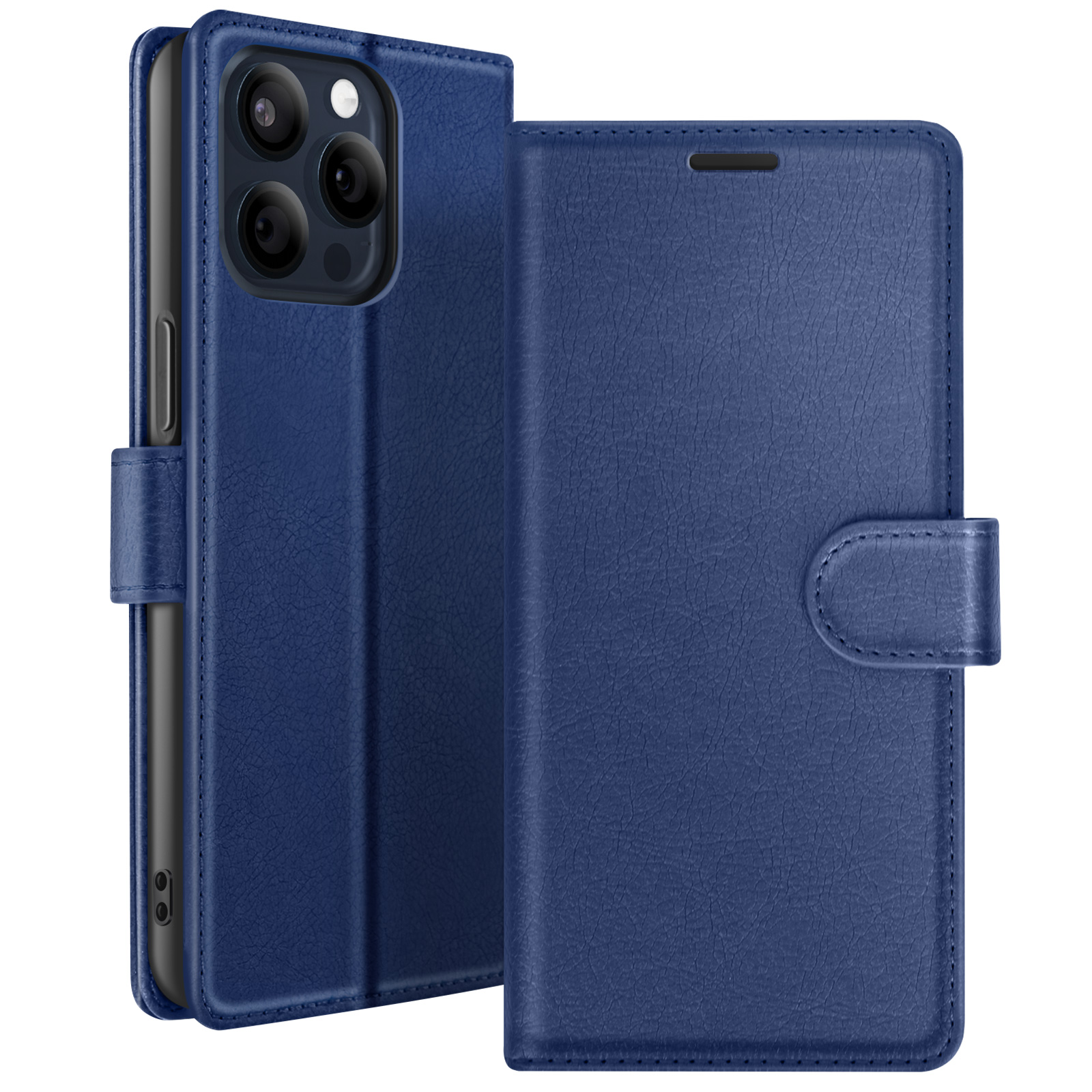 Una custodia per telefono in pelle blu, aperta per mostrare il telefono. La custodia ha una chiusura magnetica.