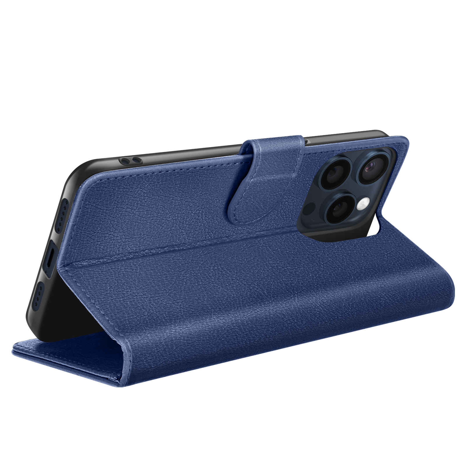 Étui de téléphone en cuir bleu avec téléphone à l'intérieur. L'étui est ouvert, montrant l'appareil photo et l'écran, sur fond blanc.