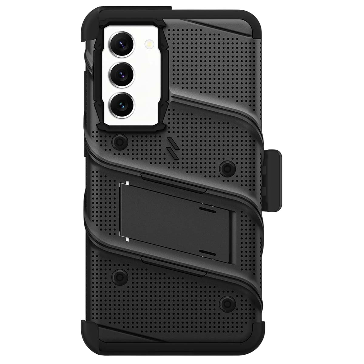 Custodia nera per telefono. Presenta un ritaglio per fotocamera, un supporto e un design strutturato con più strati e perforazioni.