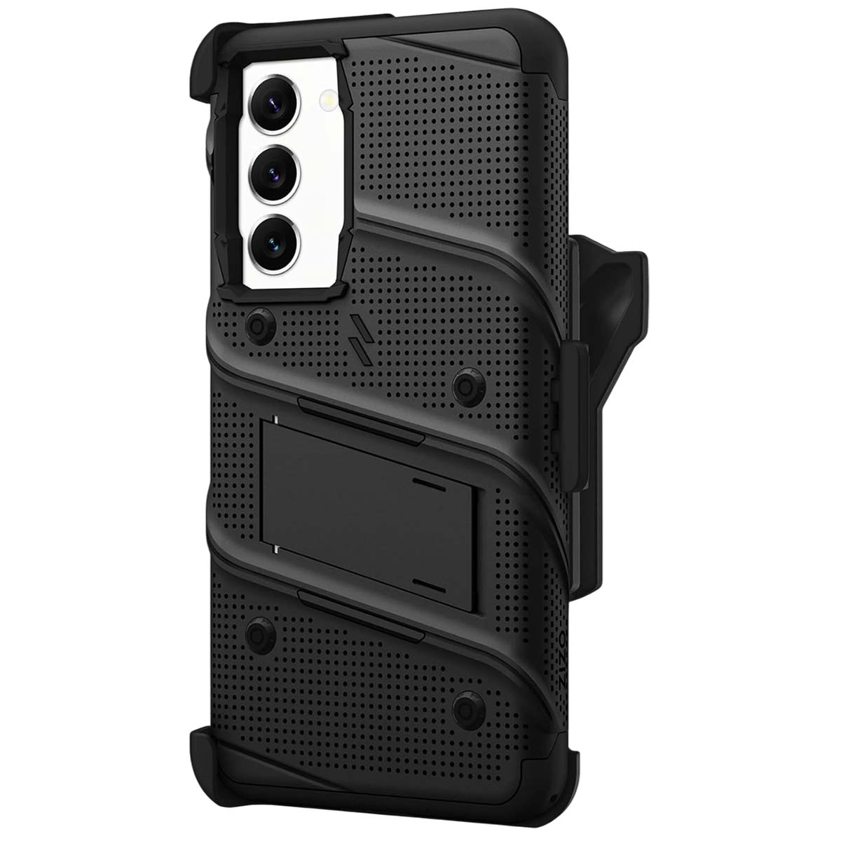 Una custodia per telefono nera con cavalletto e clip da cintura. Ha un design perforato e un ritaglio per fotocamera con tre lenti.