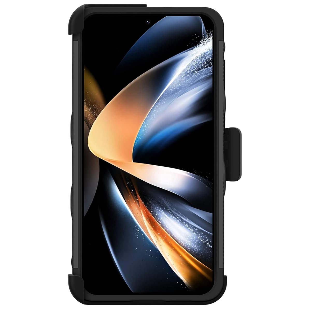 Custodia nera per telefono con un telefono all'interno. Lo schermo mostra un design astratto di forme arancioni, blu e bianche.