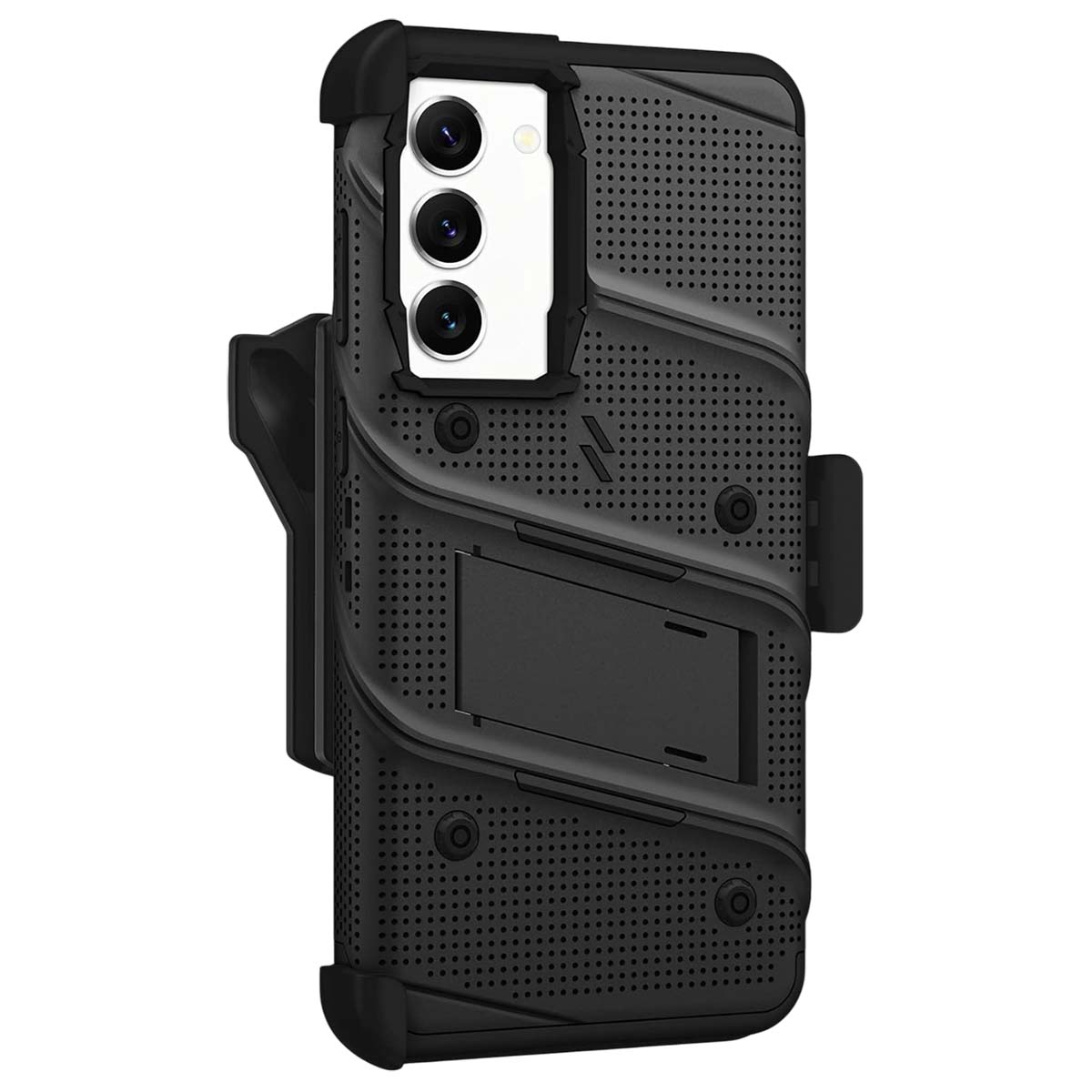 Custodia nera per telefono con fotocamera e supporto. Fori multipli coprono la custodia. Una clip nera è sul lato.