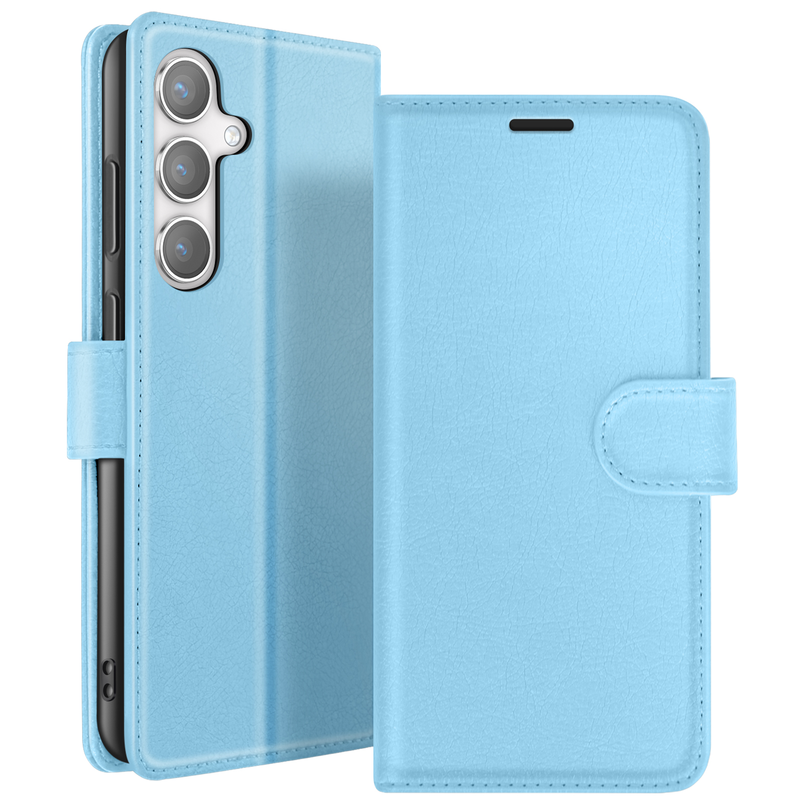 Un étui de téléphone bleu clair avec un rabat. L'étui a une fermeture à pression et une découpe pour l'appareil photo. Le téléphone a trois lentilles.