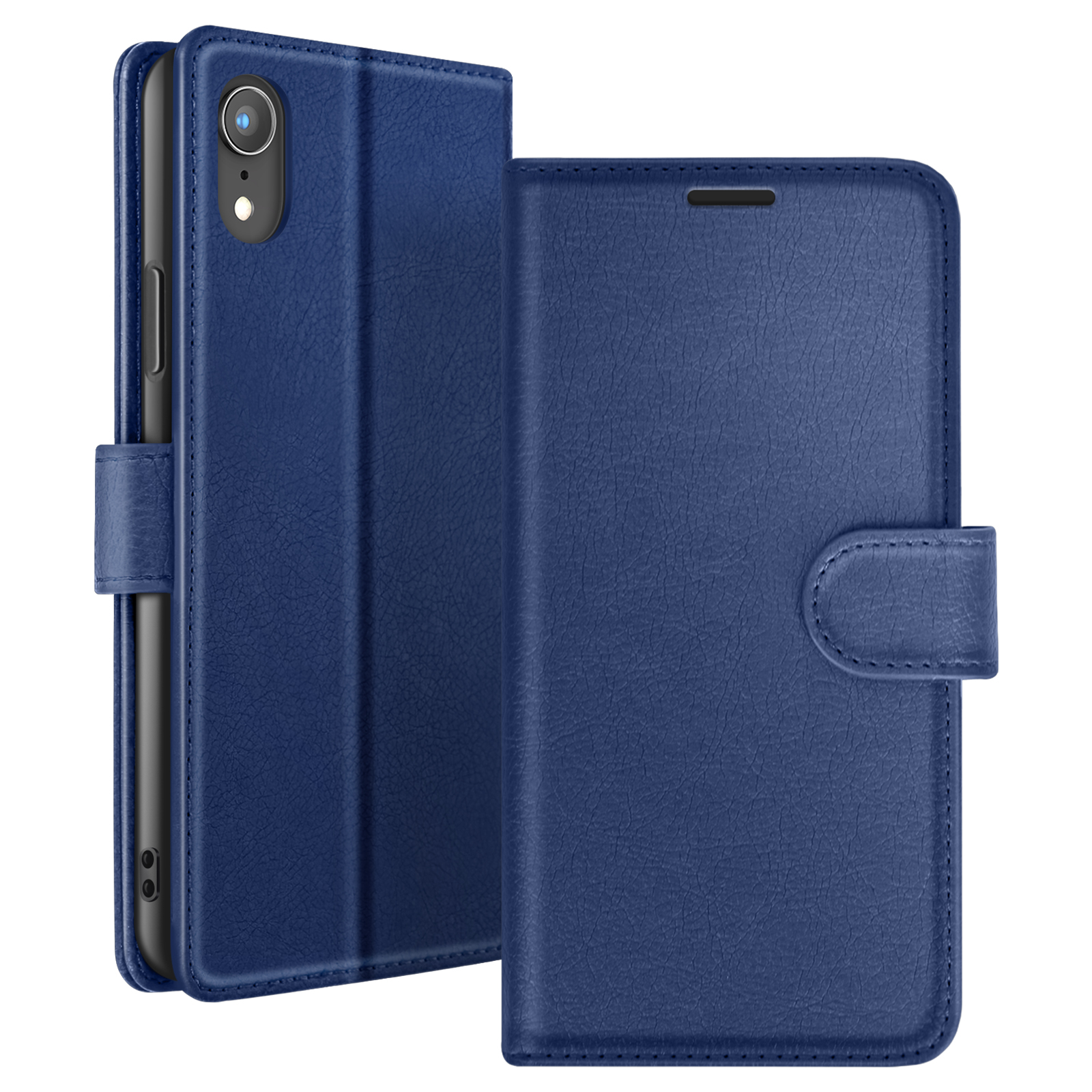 Una custodia per telefono in pelle blu è aperta, rivelando un telefono. La custodia ha una chiusura magnetica.