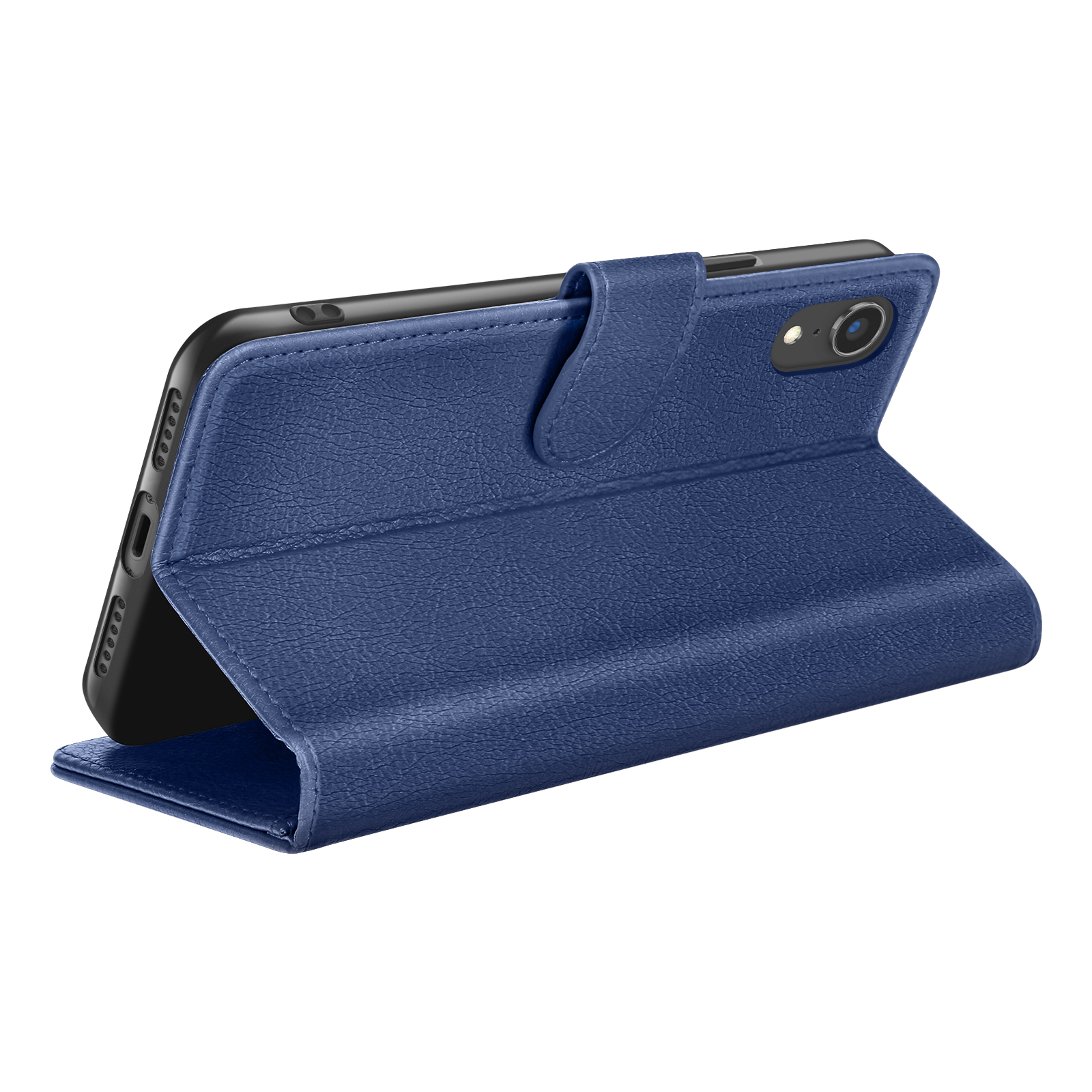 Custodia blu a forma di libro, protegge uno smartphone nero. La custodia è aperta, mostrando lo schermo.