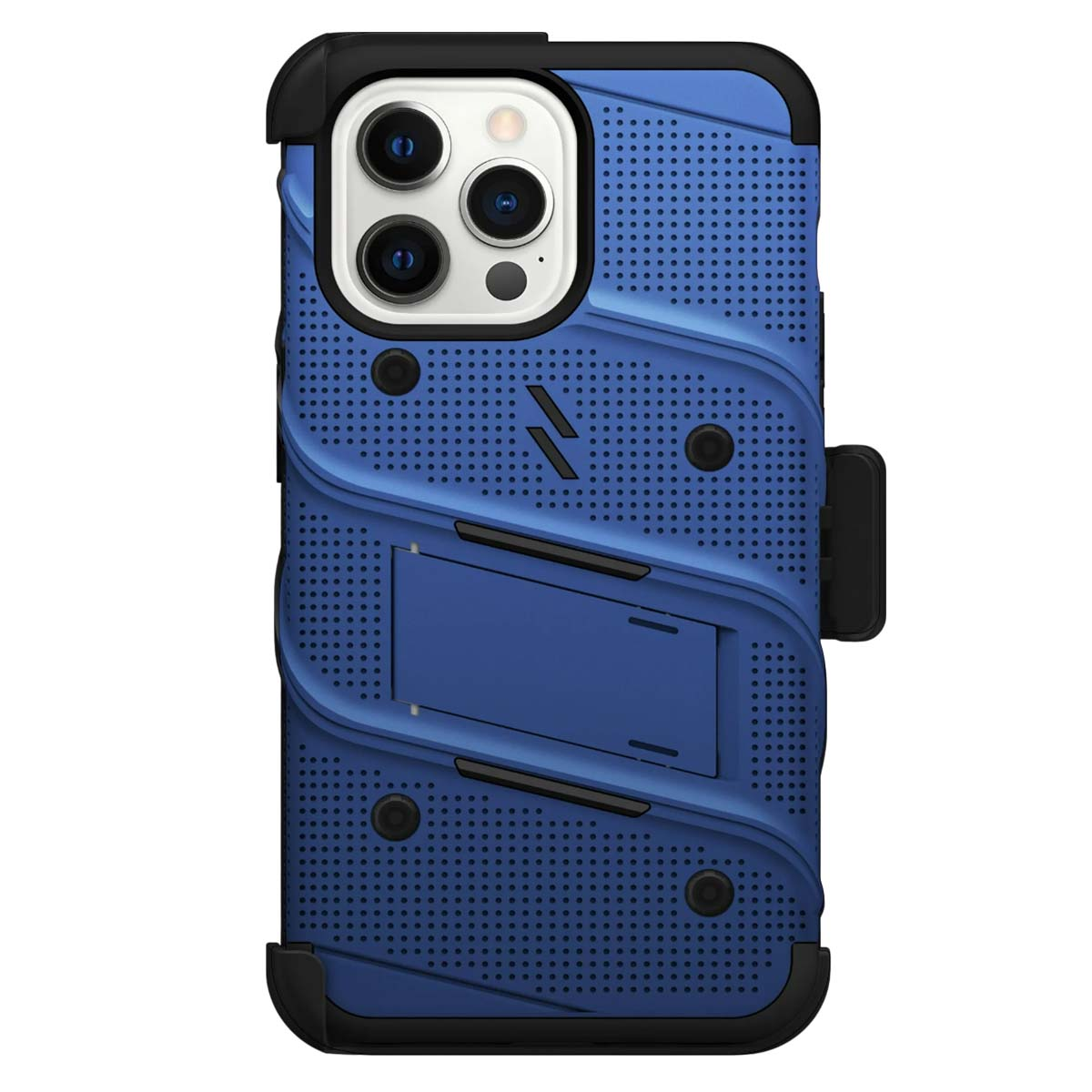 Custodia blu per telefono con dettagli neri. Presenta un supporto, ritagli per la fotocamera e un design strutturato con piccoli fori.