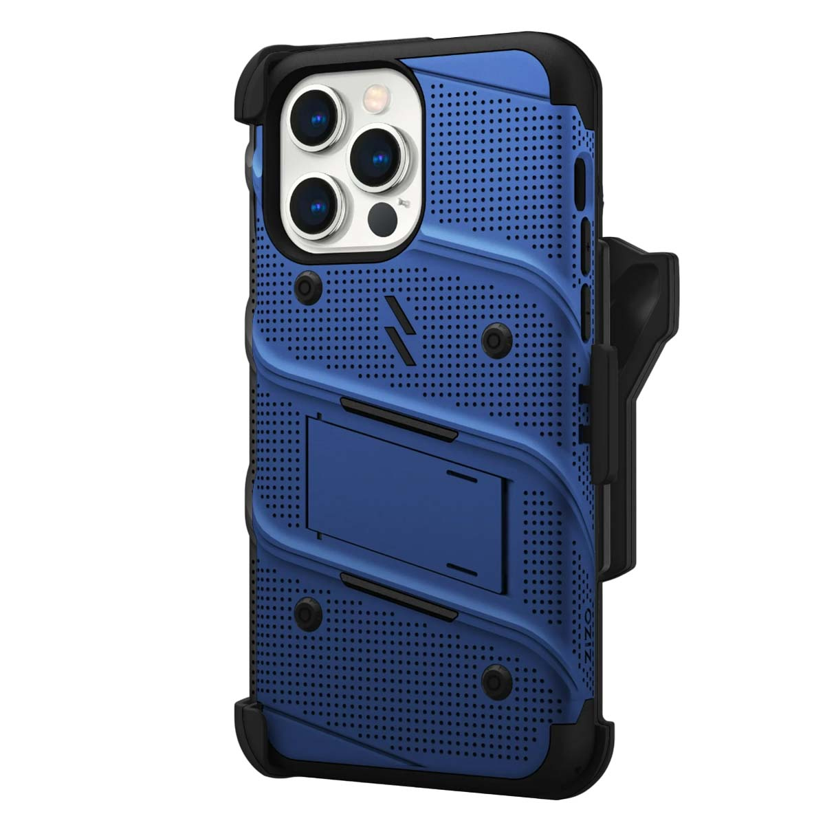 Custodia per telefono blu e nera con supporto e clip integrati. La custodia ha un design perforato e dettagli neri.
