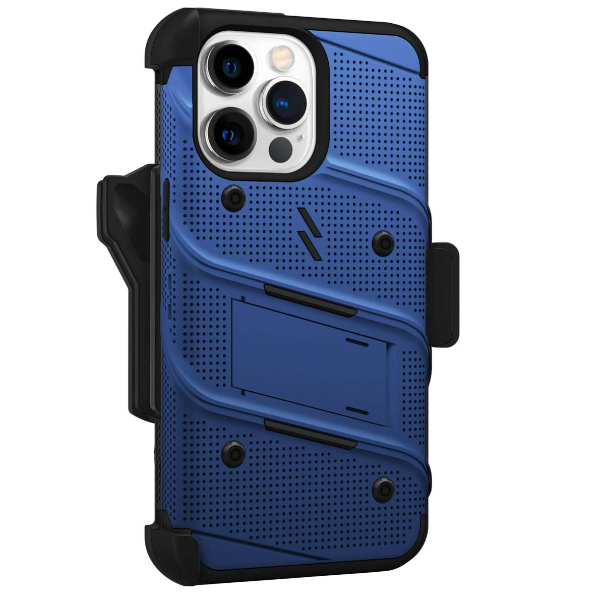 Una custodia blu per telefono con fondina nera. La custodia ha una superficie strutturata con piccoli fori. La fotocamera del telefono è visibile.
