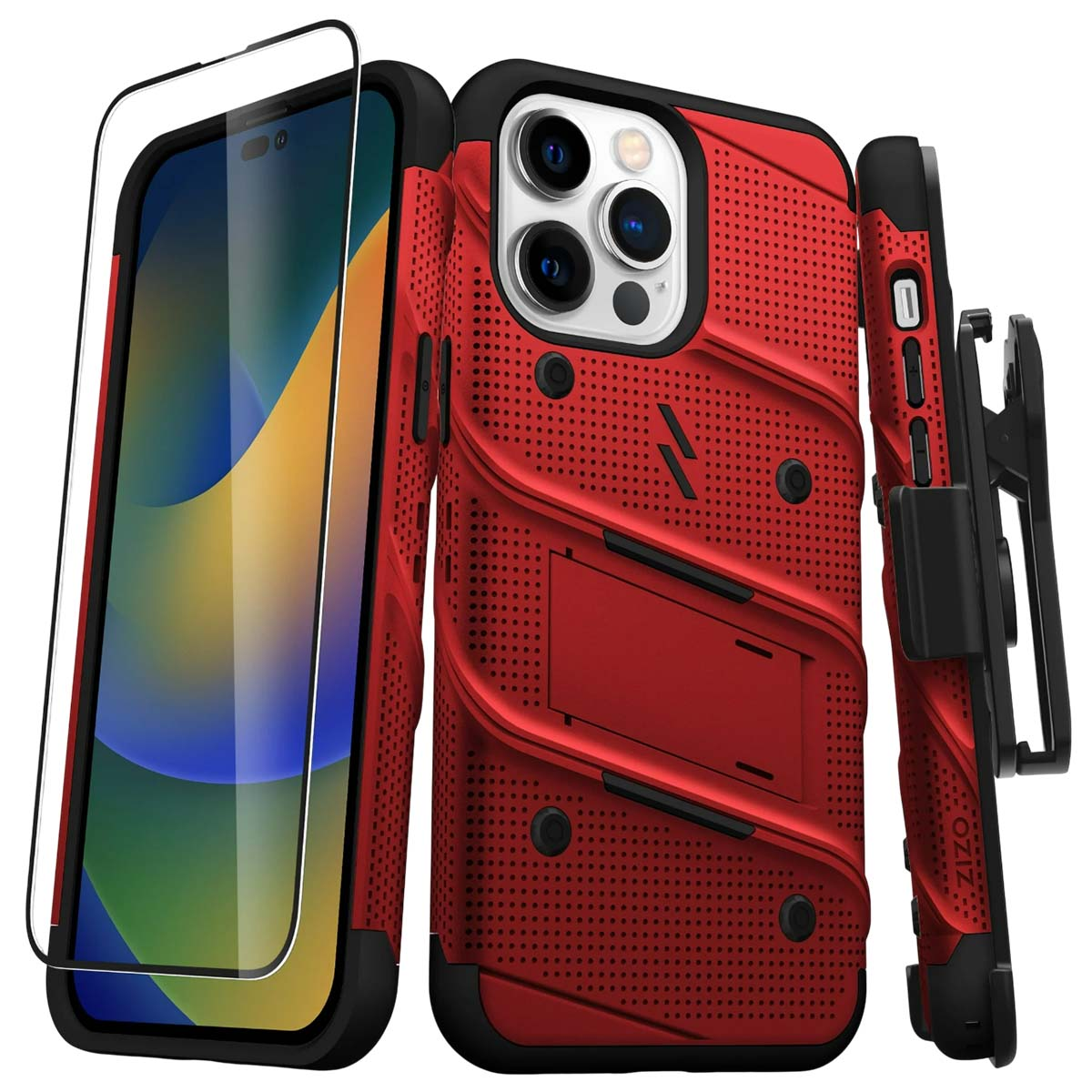 Una custodia rossa per telefono con cornice nera, protezione schermo e clip da cintura. La custodia ha un supporto e un design strutturato.