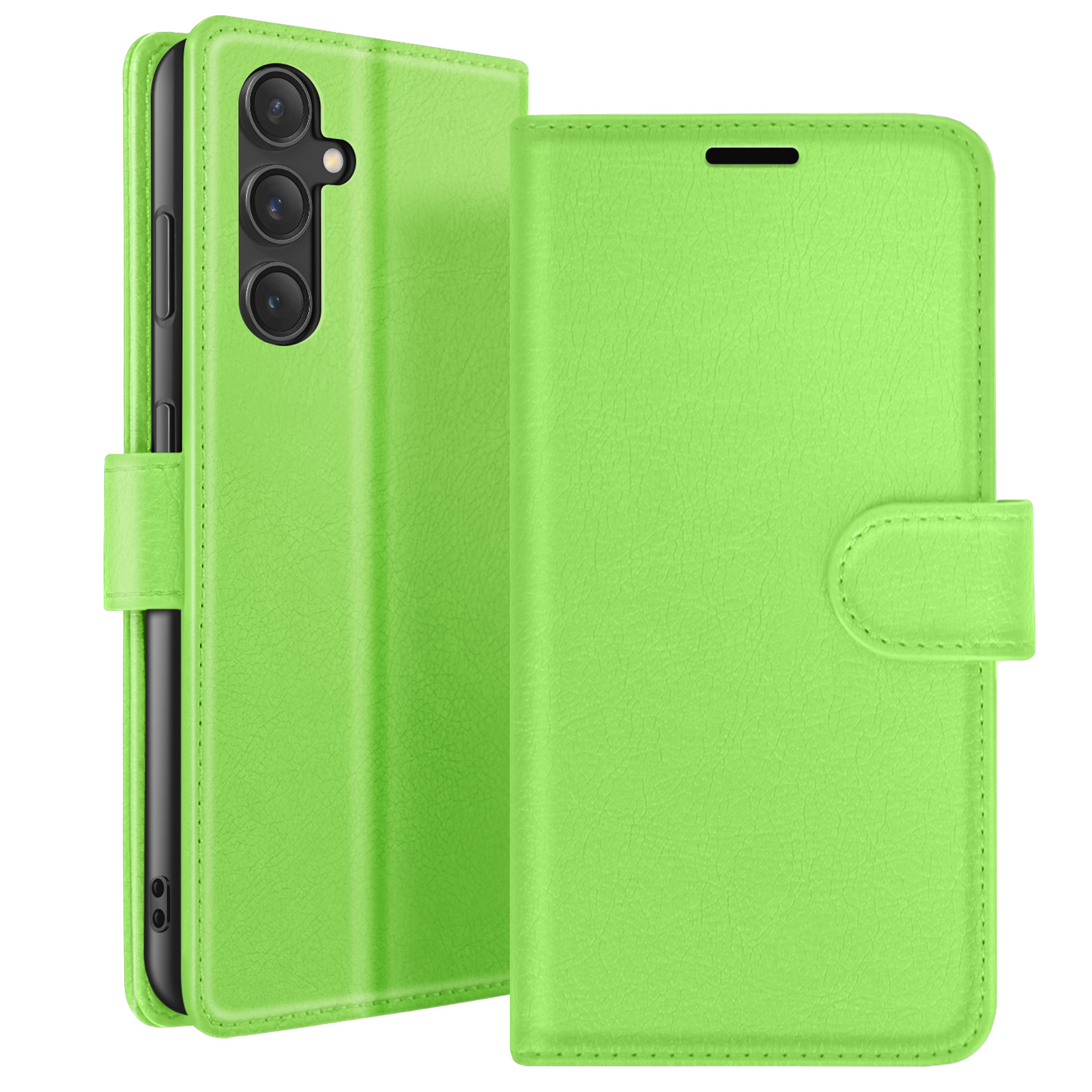Un étui de téléphone vert vif est présenté ouvert. L'étui est en matériau texturé et possède une fermeture magnétique.