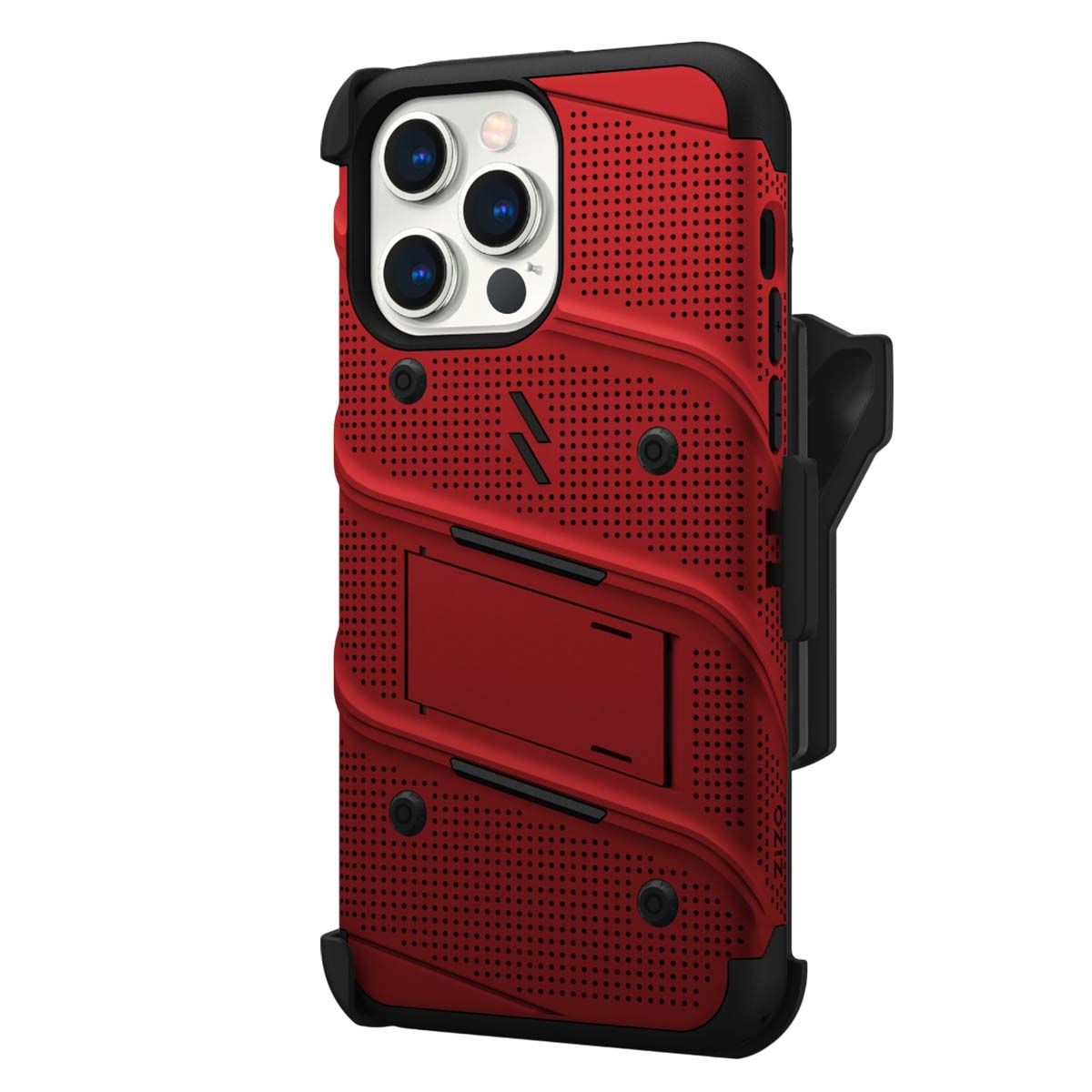 Una custodia per telefono rossa e nera con cavalletto e ritagli per la fotocamera. La custodia ha un design perforato.
