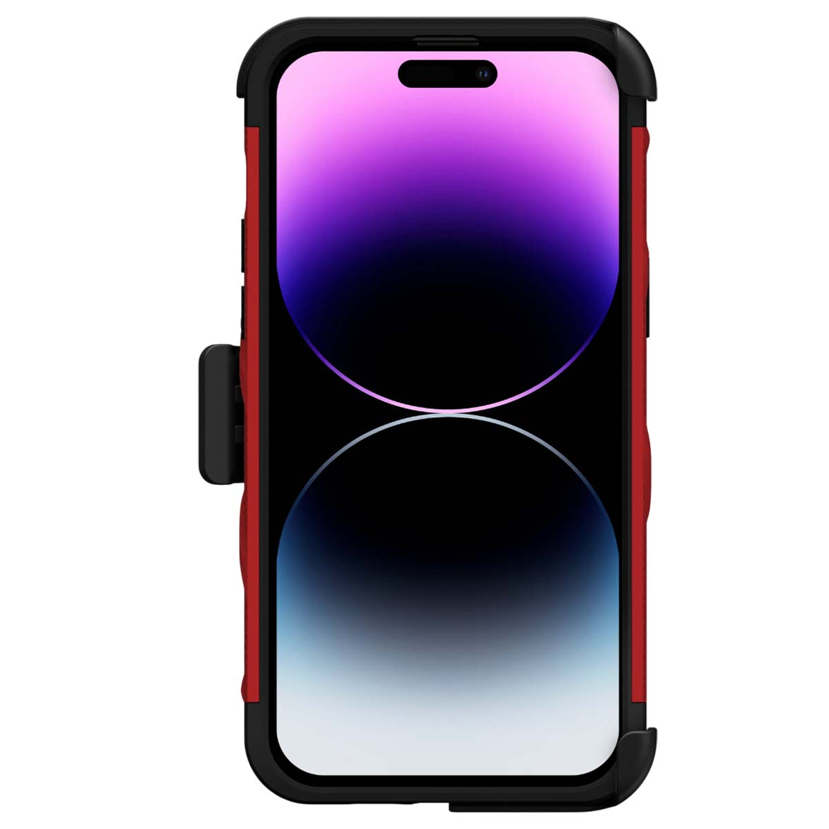 Uno smartphone in una custodia rossa e nera. Lo schermo mostra una sfumatura da viola a nero con un contorno bianco.