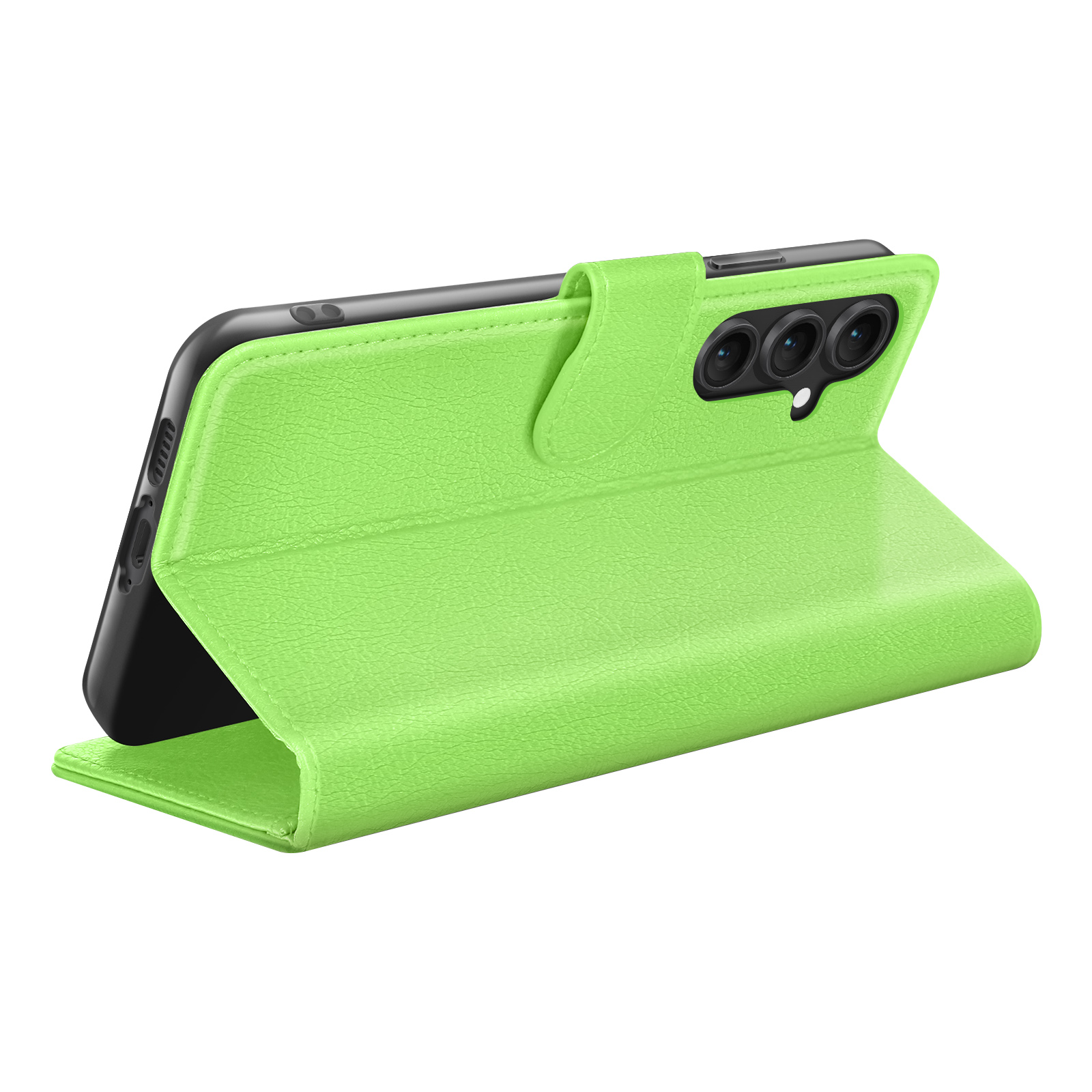 Un étui de téléphone vert citron est ouvert, tenant un téléphone noir. L'étui a une finition texturée et trois objectifs d'appareil photo.