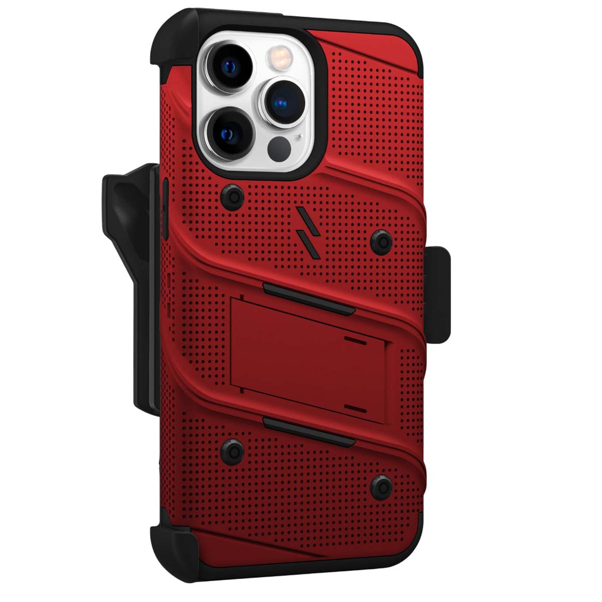 Una custodia rossa per telefono con clip nera. La custodia ha un design perforato, dettagli neri e un supporto integrato.