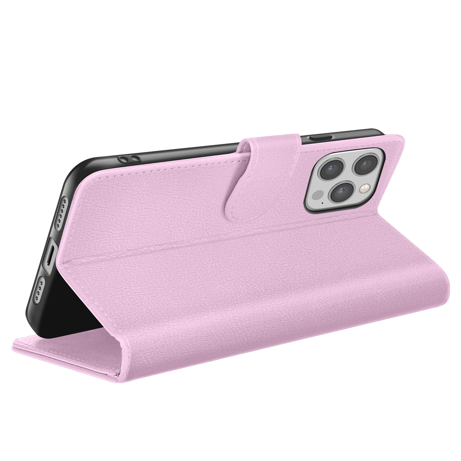 Una custodia rosa per telefono è aperta, rivelando un telefono nero. La custodia ha una superficie strutturata. Sfondo bianco.