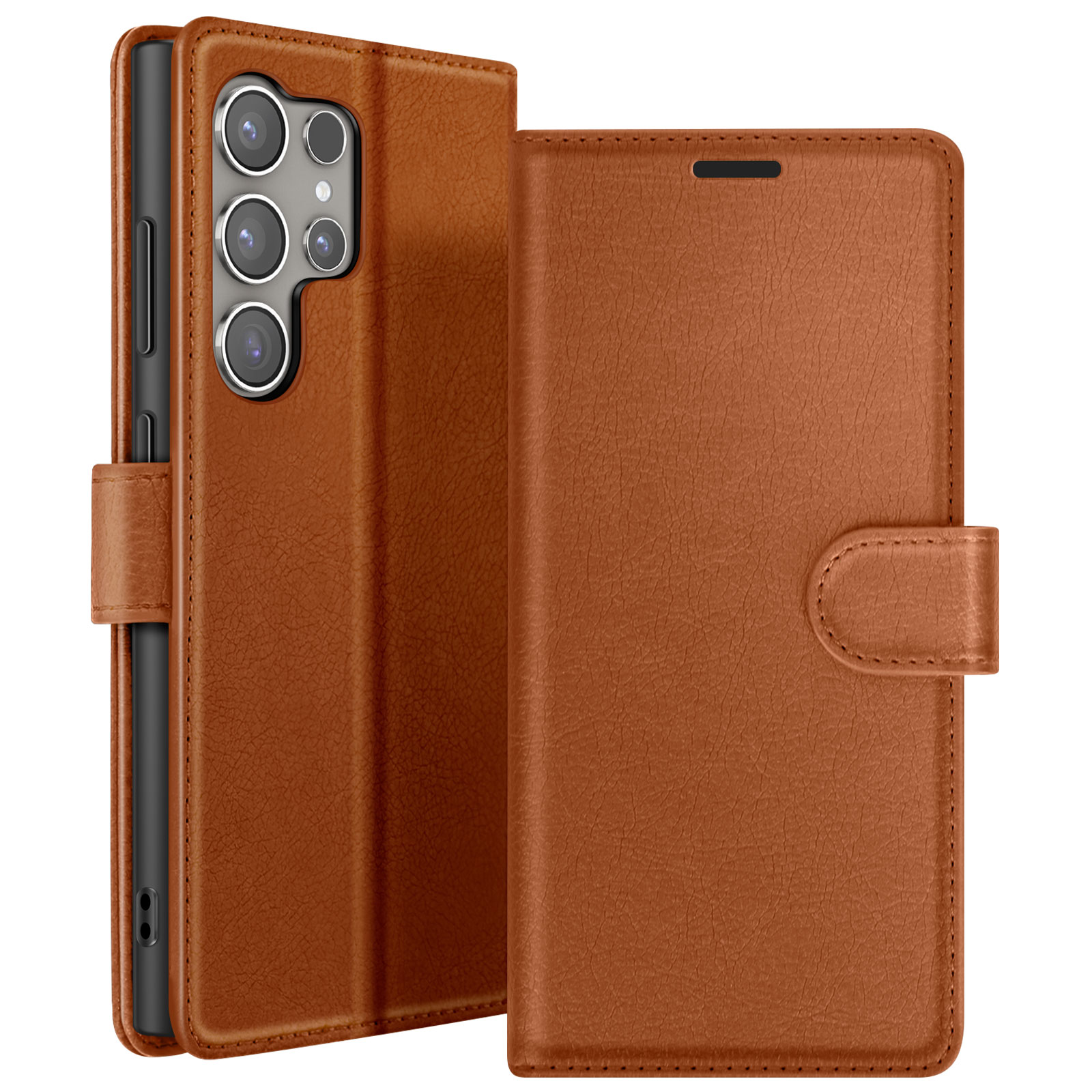 Een bruine leren telefoonhoes, open. Een telefoon met meerdere camera's is zichtbaar aan de linkerkant. De hoes heeft een magnetische sluiting.