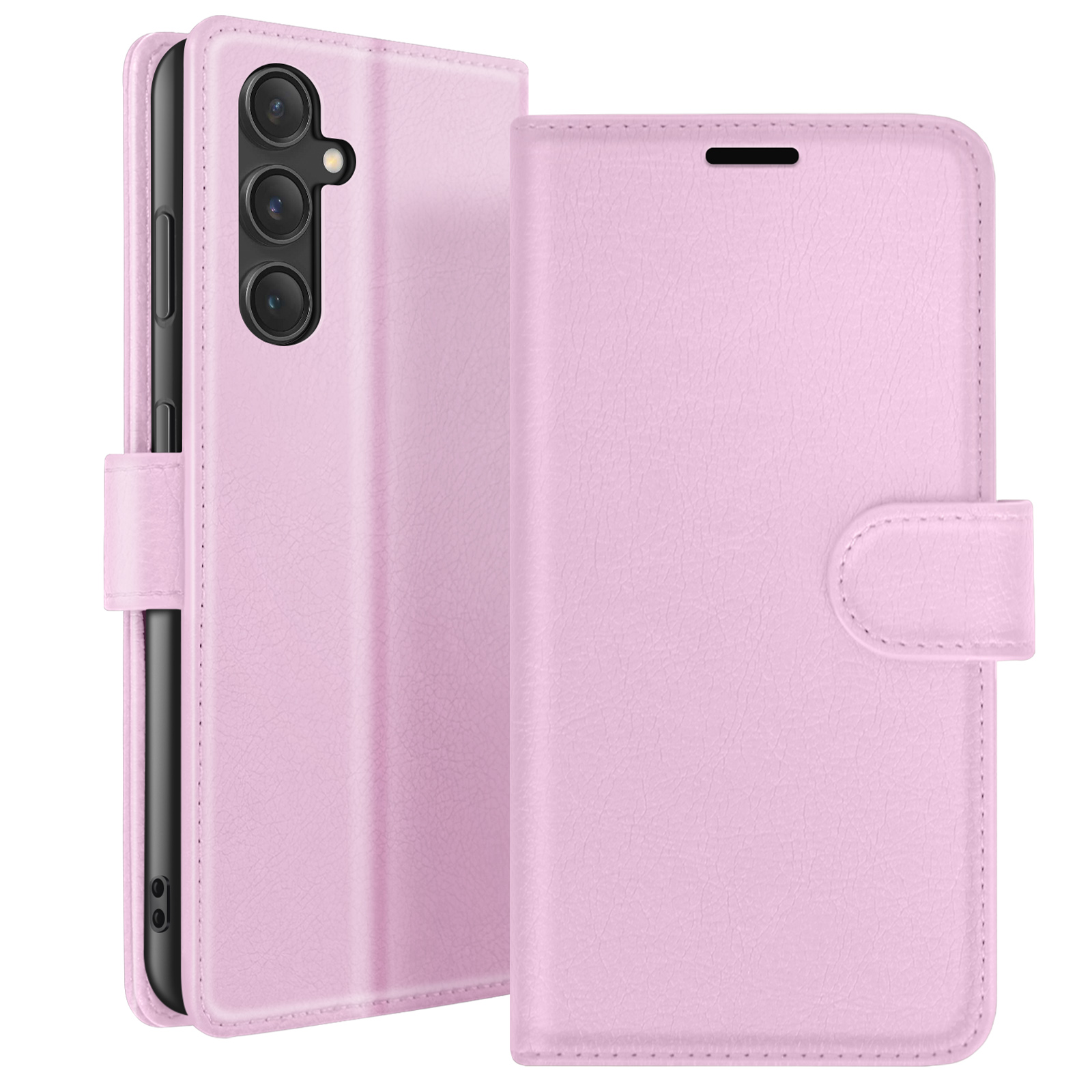Een roze telefoonhoesje is open en toont een zwarte telefoon binnenin. De hoes heeft een magnetische sluiting.