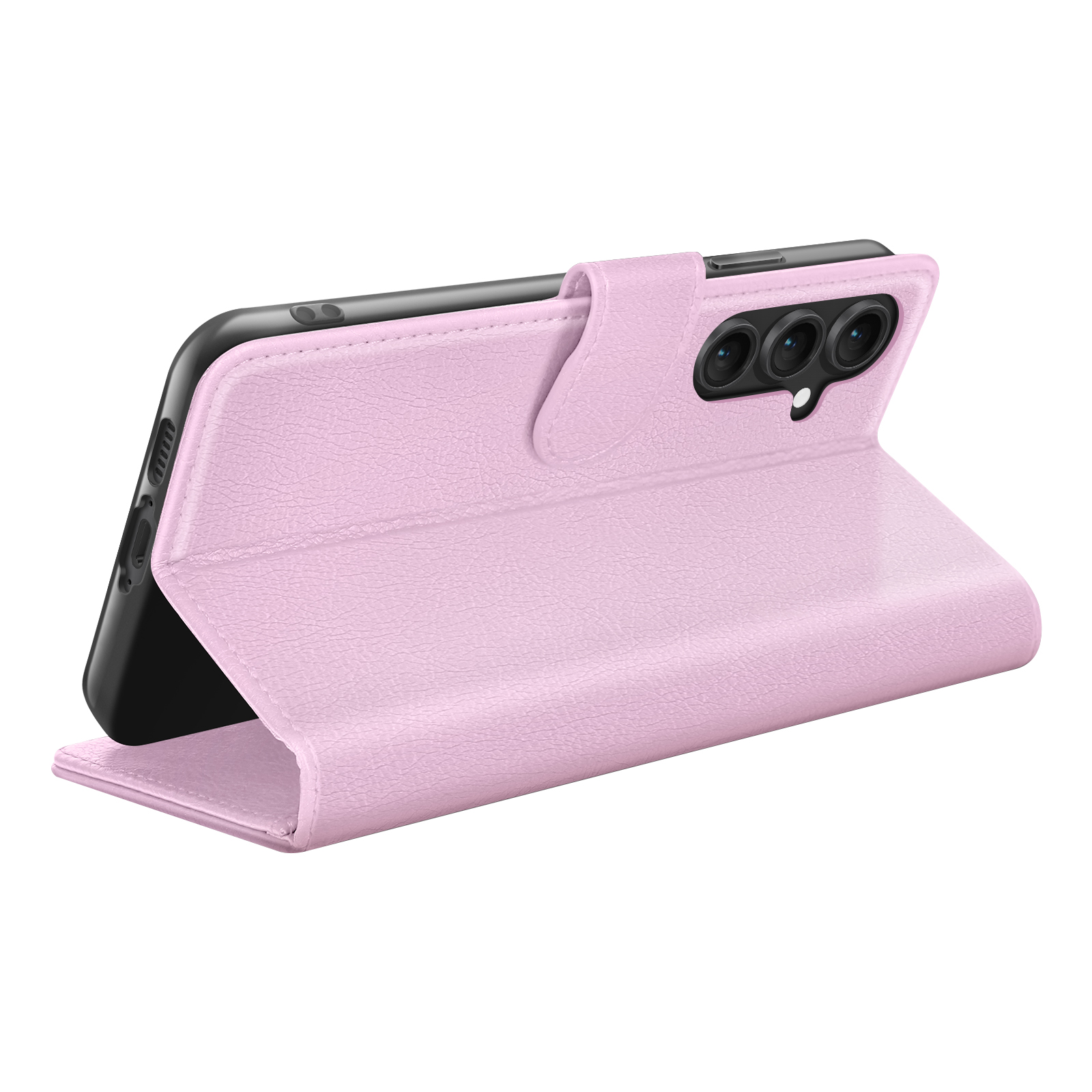 Een roze telefoonhoesje met een telefoon erin. De hoes is open en onthult de camera's van de telefoon. Witte achtergrond.
