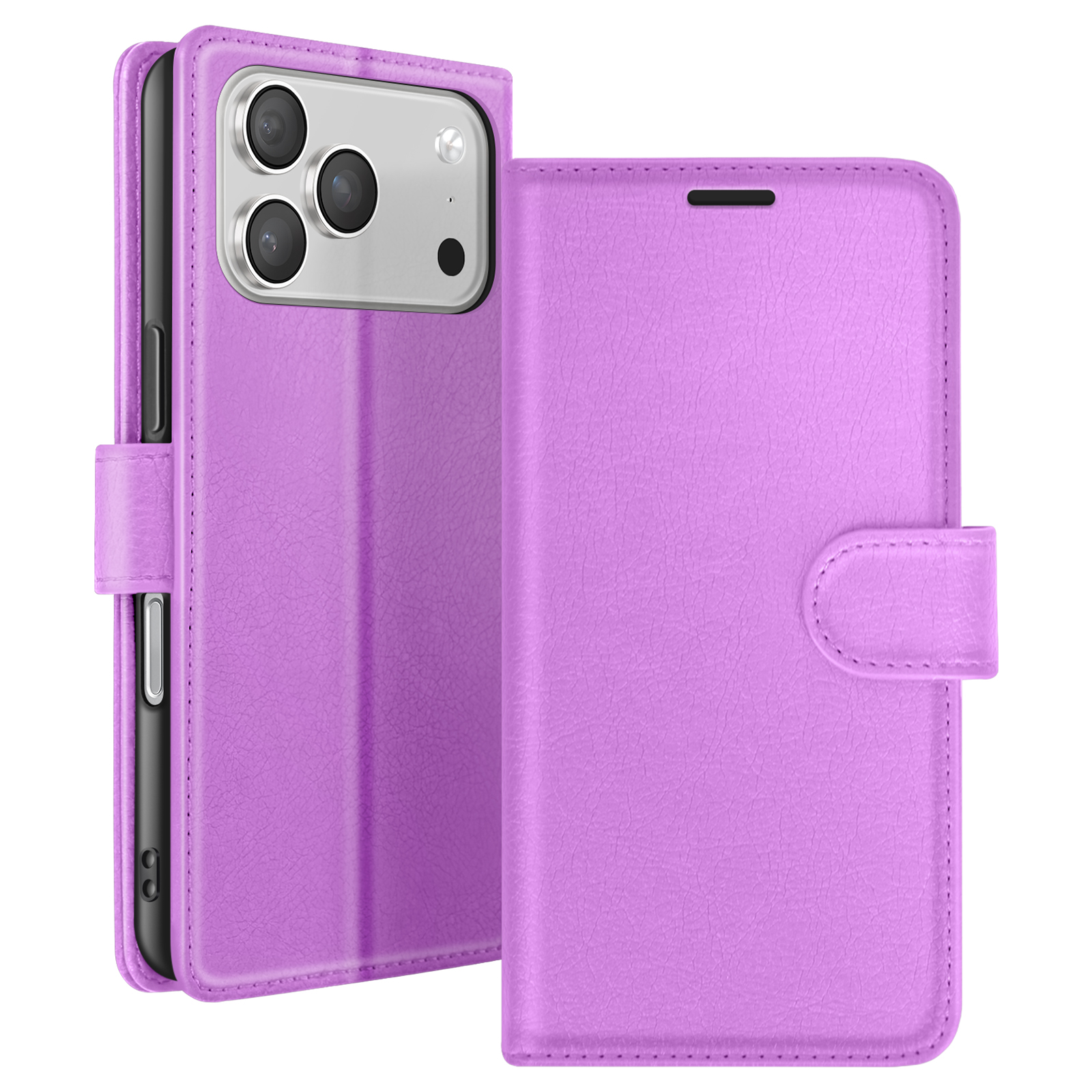 Un étui de téléphone violet avec un téléphone à l'intérieur, ouvert sur le côté. Il a une fermeture magnétique.