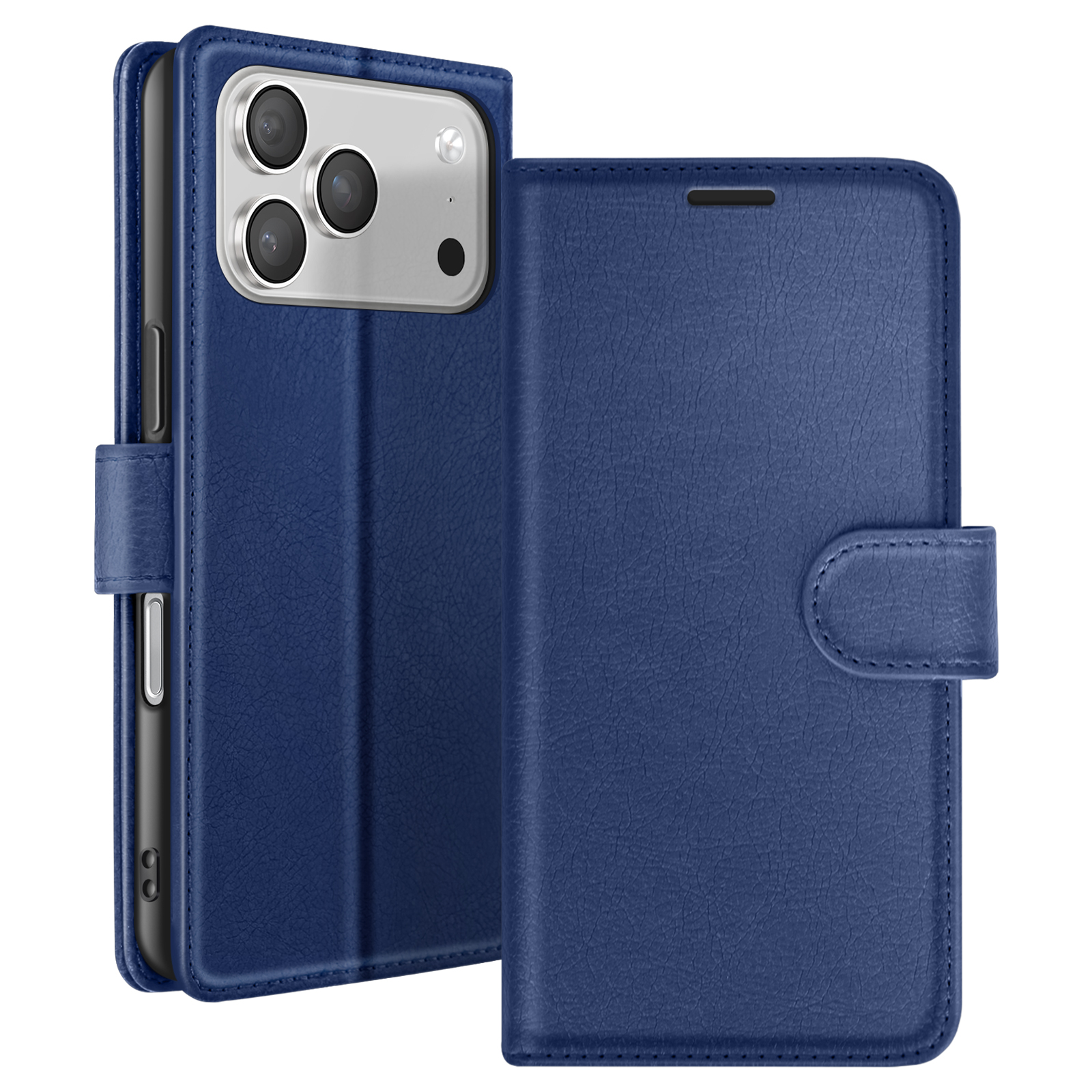 Een blauwe leren telefoonhoes is open en onthult de camera van de telefoon. De hoes is vastgezet met een magnetische sluiting.