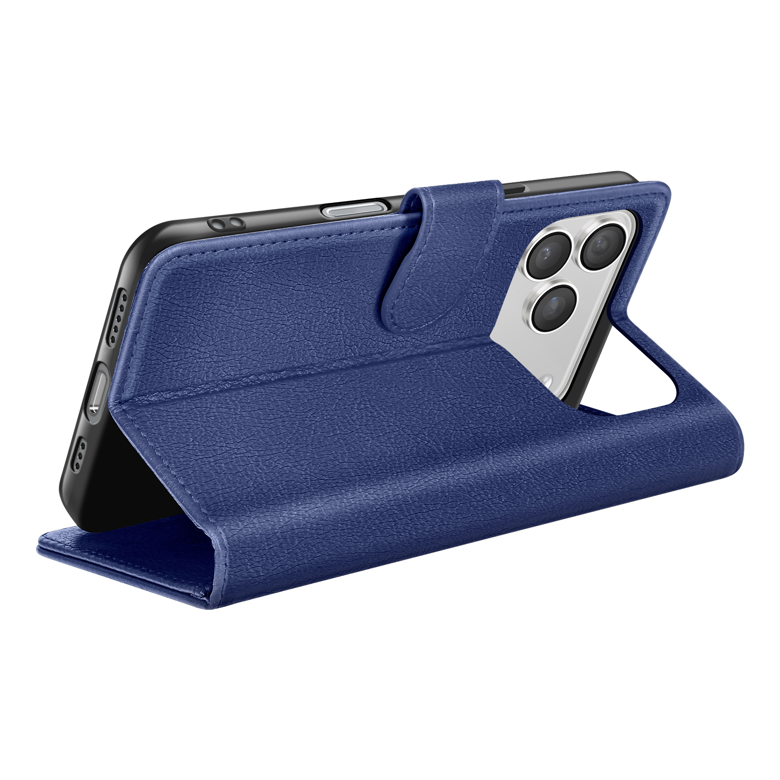 Een blauwe leren telefoonhoes bevat een zwarte telefoon, de hoes is open. De telefoon heeft cameralenzen.