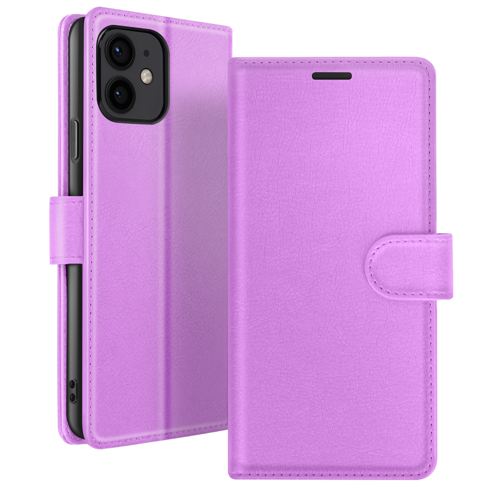 Una custodia per telefono viola, aperta, che mostra il telefono. La custodia è realizzata in materiale strutturato con chiusura magnetica.