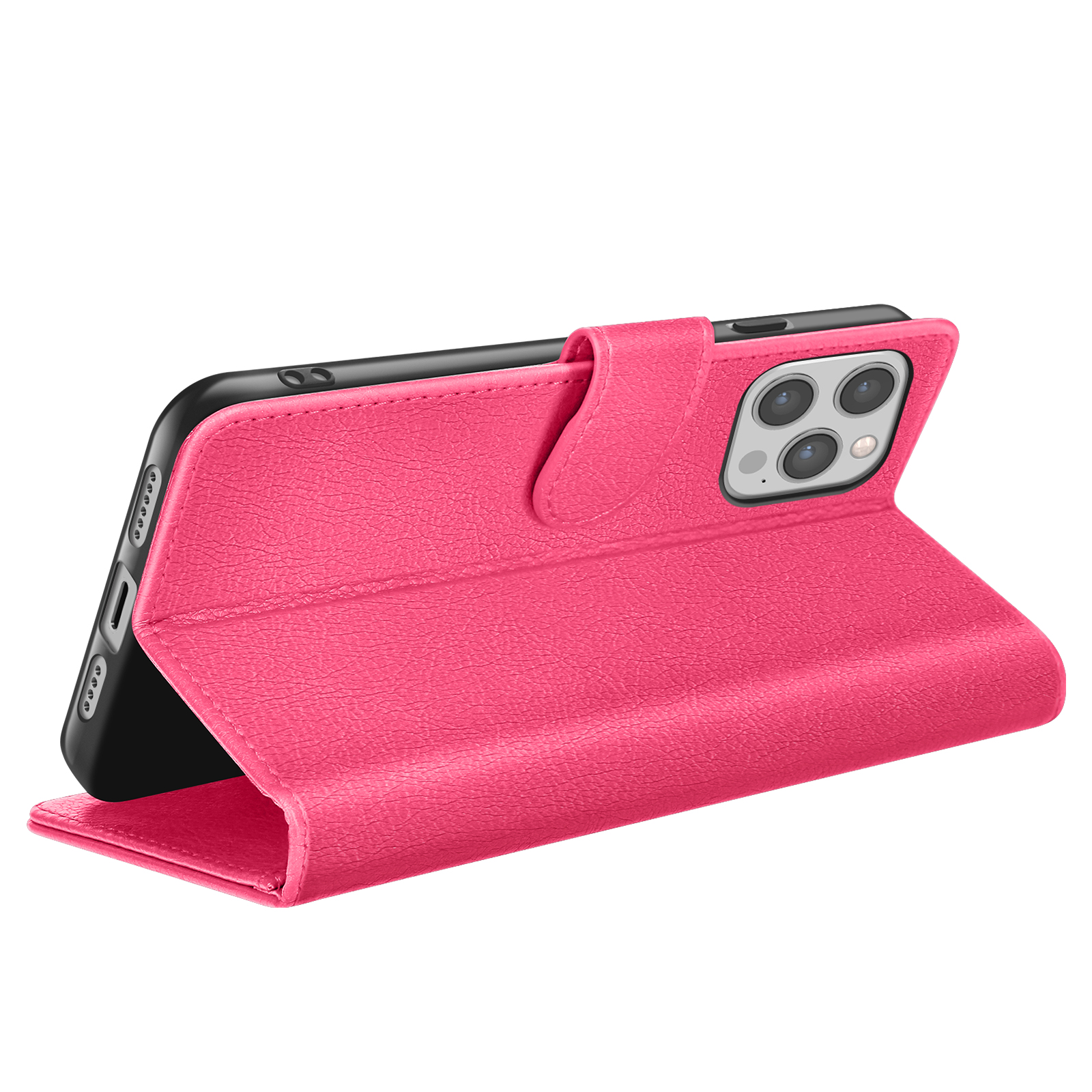 Una custodia per telefono rosa con un telefono all'interno. La custodia è aperta e il telefono è visibile. Lo sfondo è bianco.