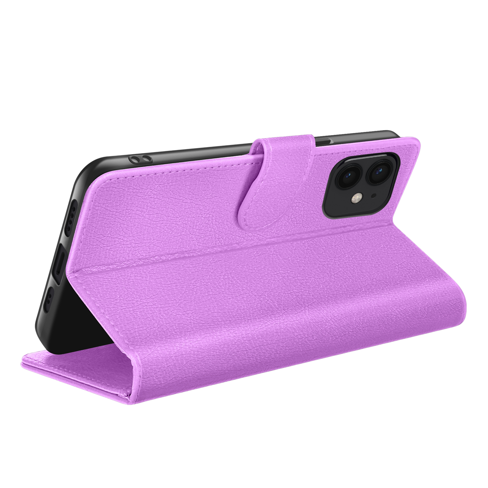 Una custodia viola con patta, che tiene uno smartphone nero. La custodia è aperta.