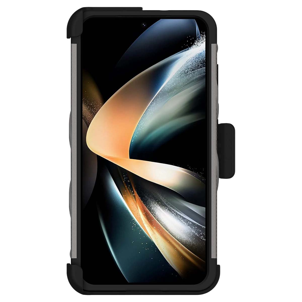Smartphone in schwarzer und grauer Schutzhülle. Der Bildschirm zeigt ein abstraktes Design in Orange- und Blautönen.