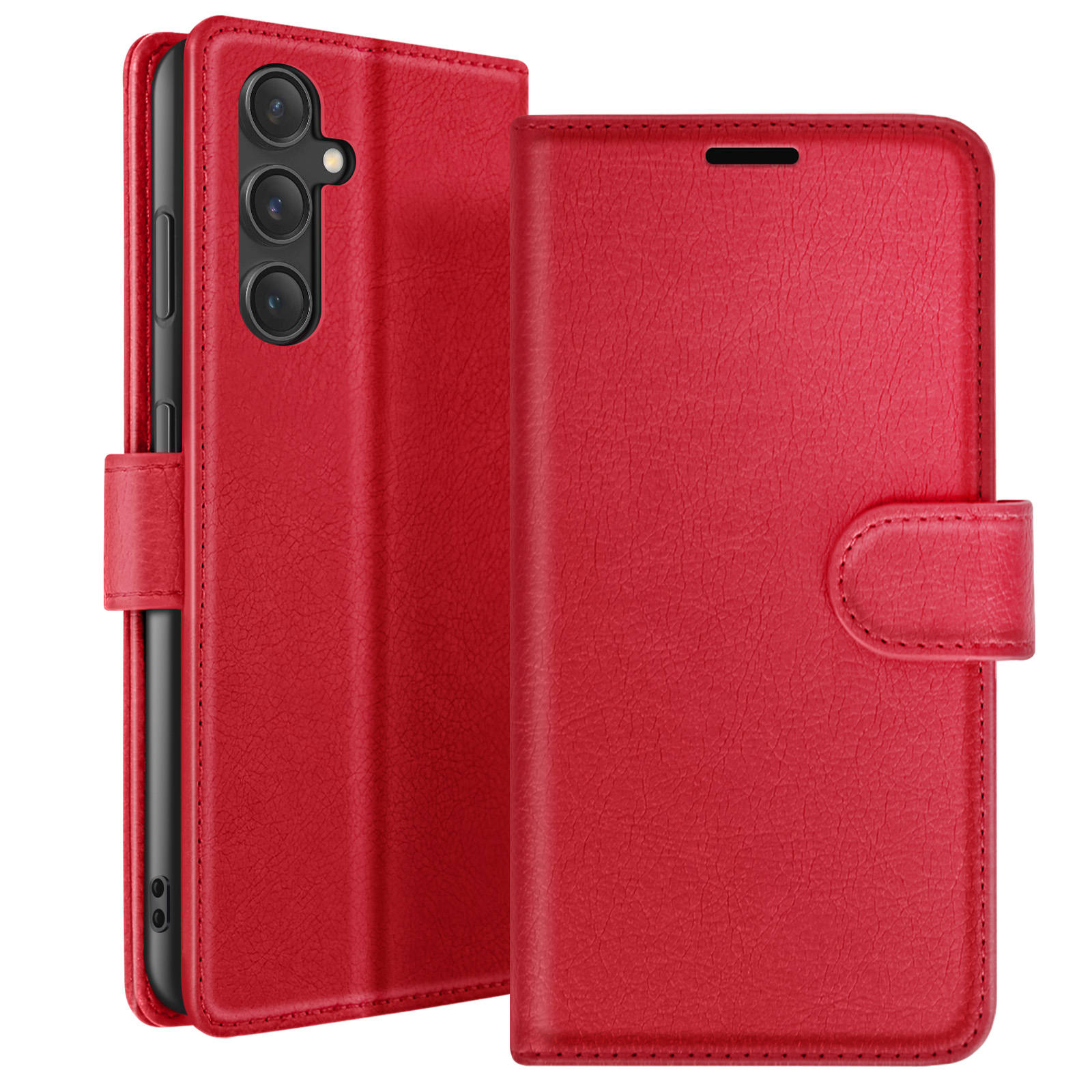 Étui de téléphone en cuir rouge, ouvert pour révéler le téléphone. L'étui a une fermeture magnétique et une surface texturée.