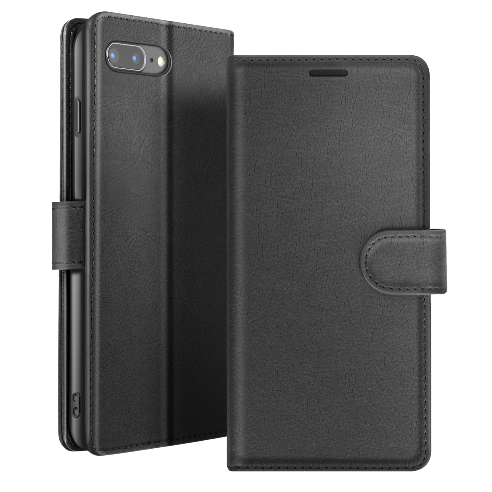 Un étui de téléphone en cuir noir, ouvert, montrant le téléphone à l'intérieur. L'étui est texturé et a une fermeture magnétique.