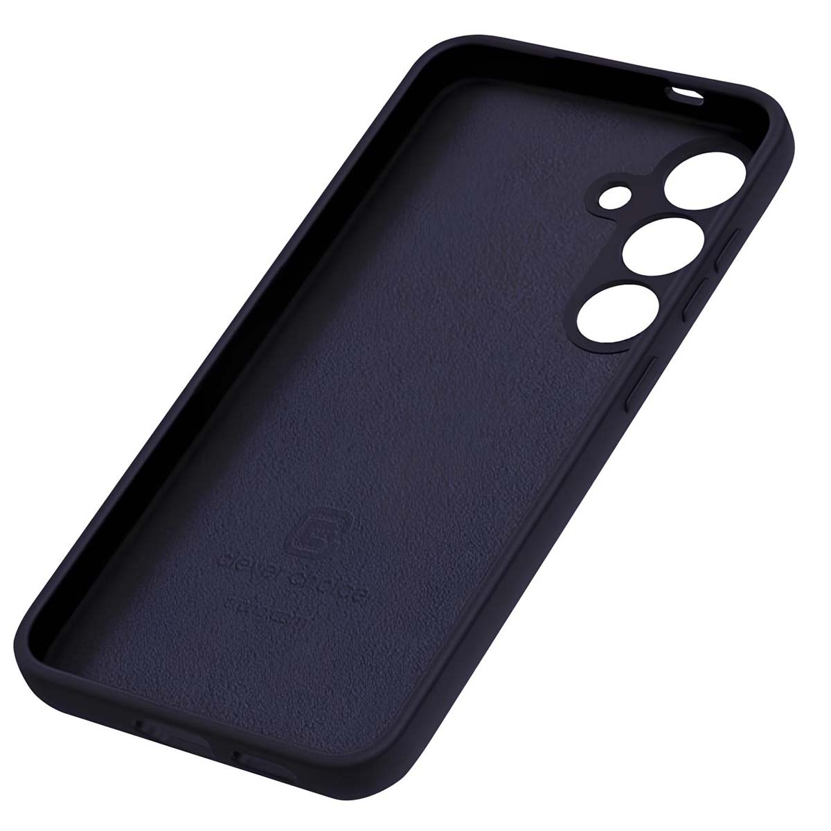 Una custodia per telefono blu scuro con ritagli per fotocamera e pulsanti. L'interno ha una superficie strutturata e un logo.