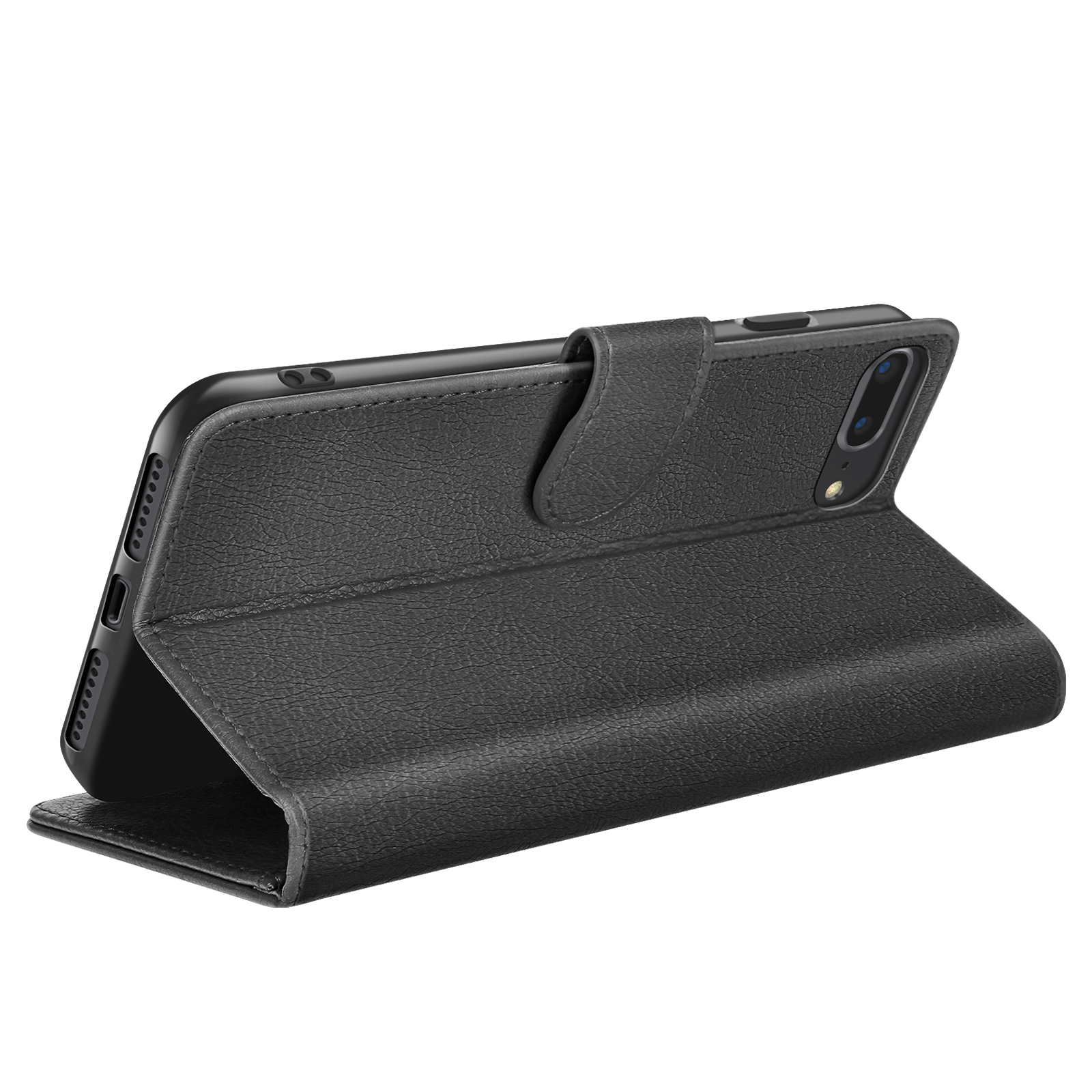 Étui de téléphone en cuir noir avec rabat, ouvert pour afficher un téléphone. Fond blanc.