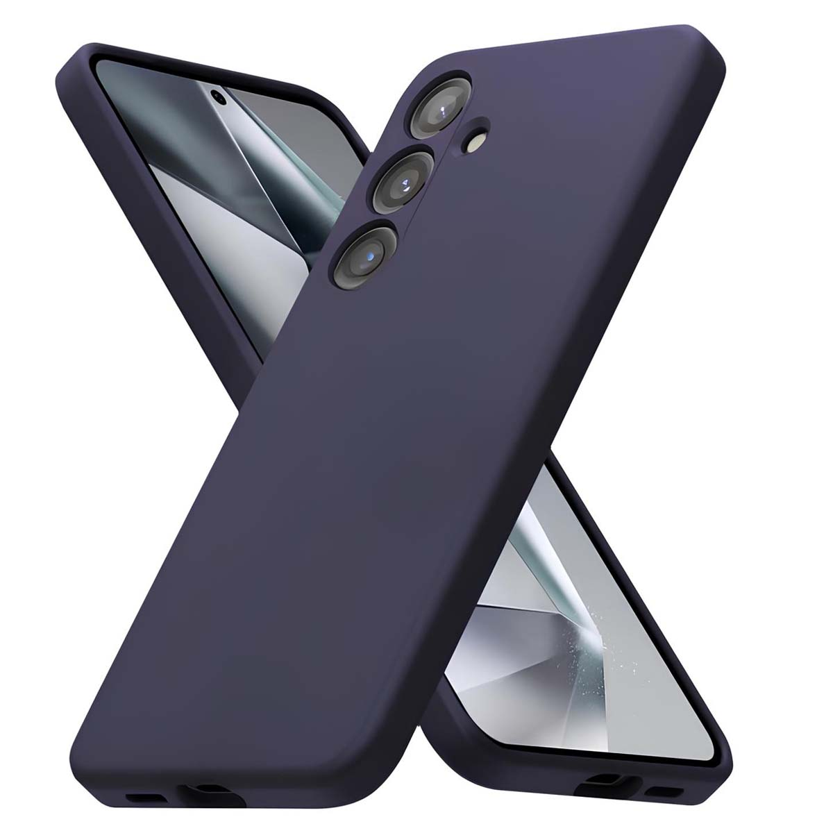 Due custodie per telefono blu scuro sono posizionate a forma di X. Una mostra le lenti della fotocamera, l'altra lo schermo.