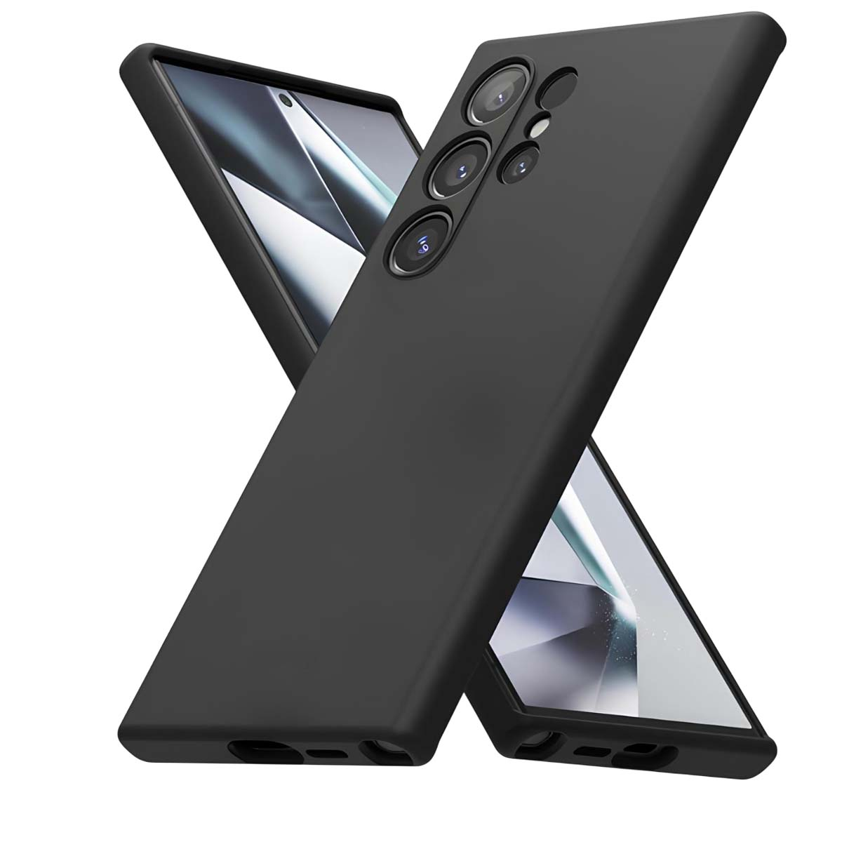 Due custodie nere per telefono, una sopra l'altra, sono posizionate a forma di X. Quella superiore ha ritagli per la fotocamera.