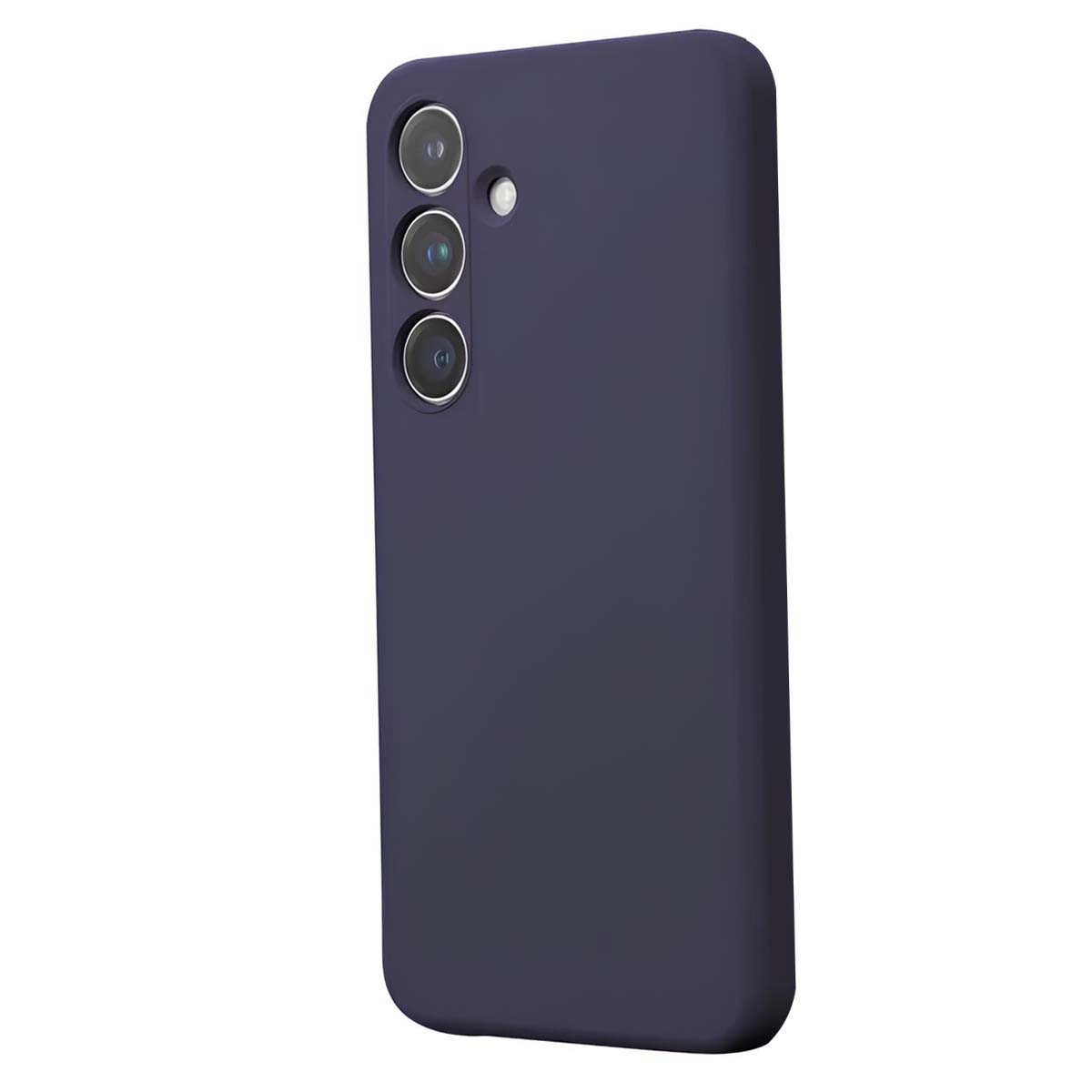 Una custodia per telefono viola scuro. Ha tre lenti della fotocamera circolari e un flash sul retro. La custodia è leggermente angolata.